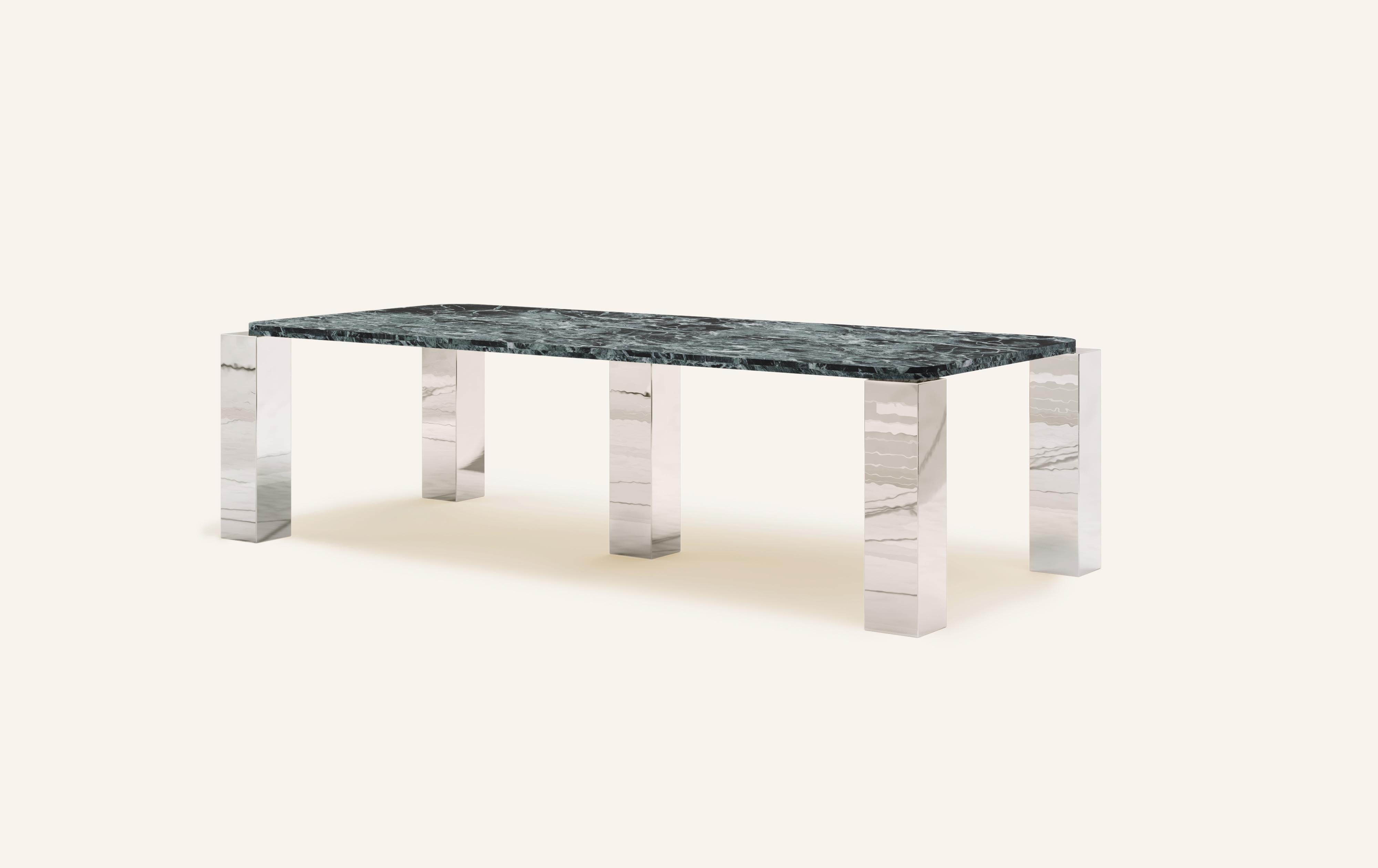 Organic Modern FORM(LA) Cubo Rectangle Dining Table 110”L x 50”W x 30”H Verde Marble & Chrome For Sale