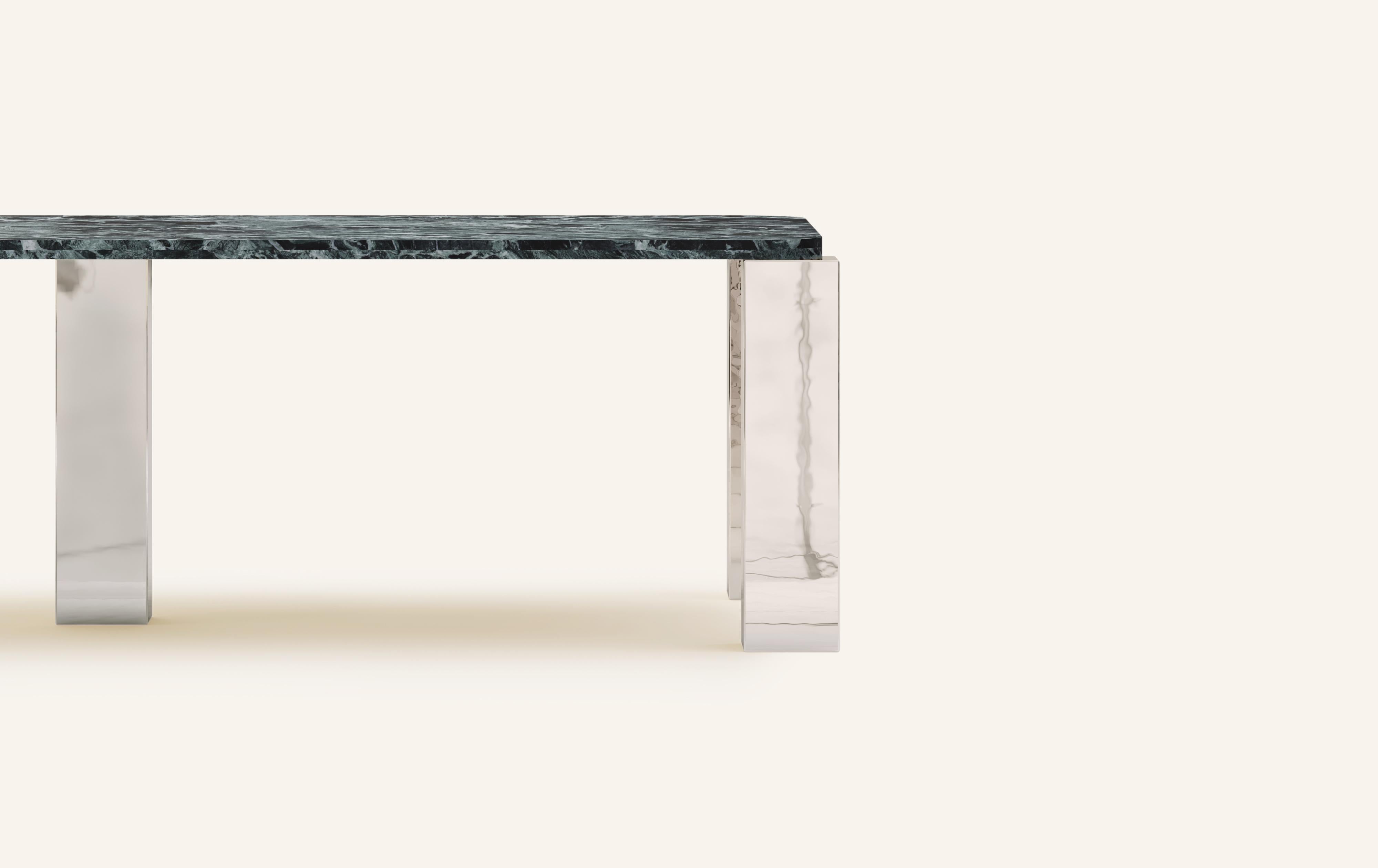 American FORM(LA) Cubo Rectangle Dining Table 110”L x 50”W x 30”H Verde Marble & Chrome For Sale