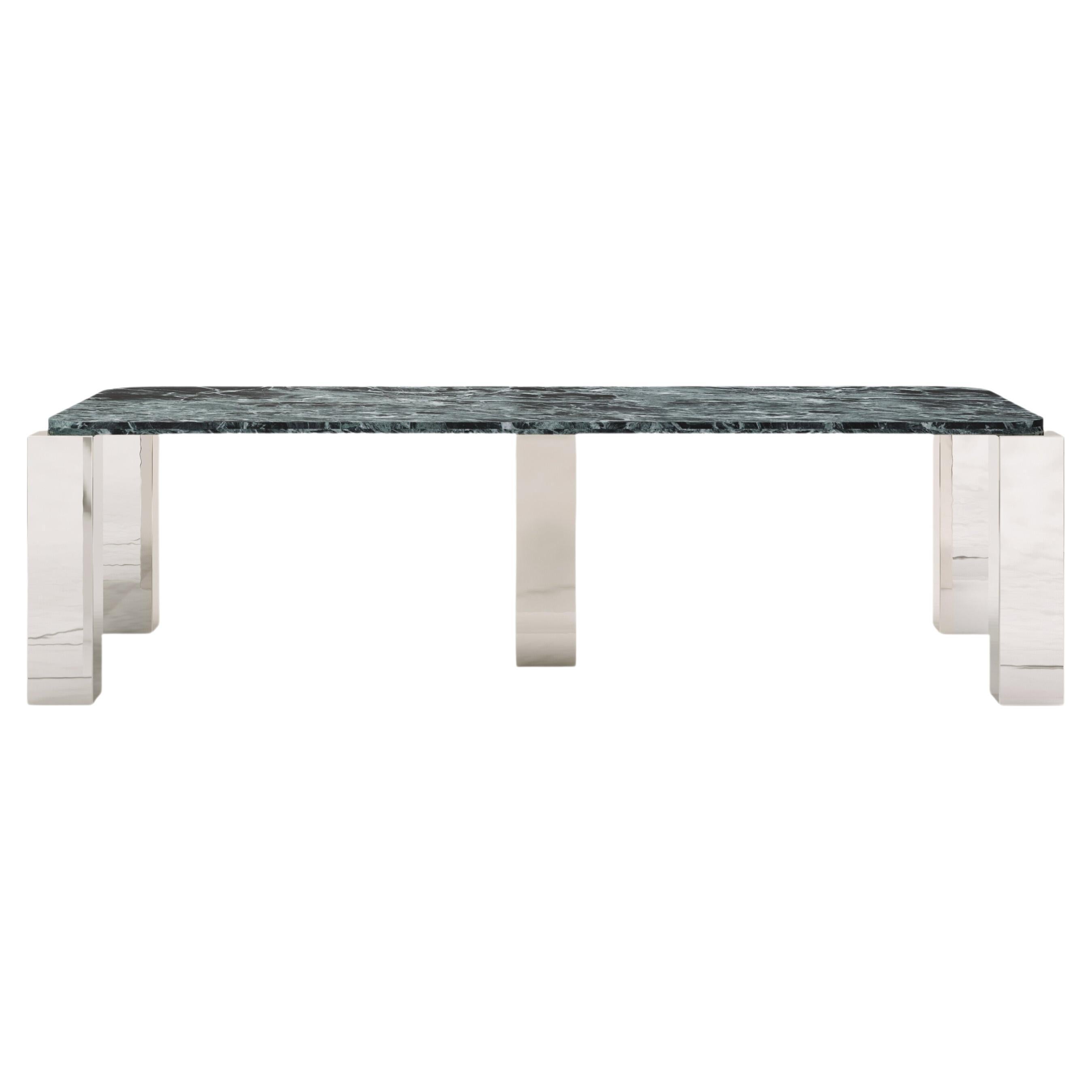 FORM(LA) Cubo Rectangle Dining Table 110”L x 50”W x 30”H Verde Marble & Chrome For Sale