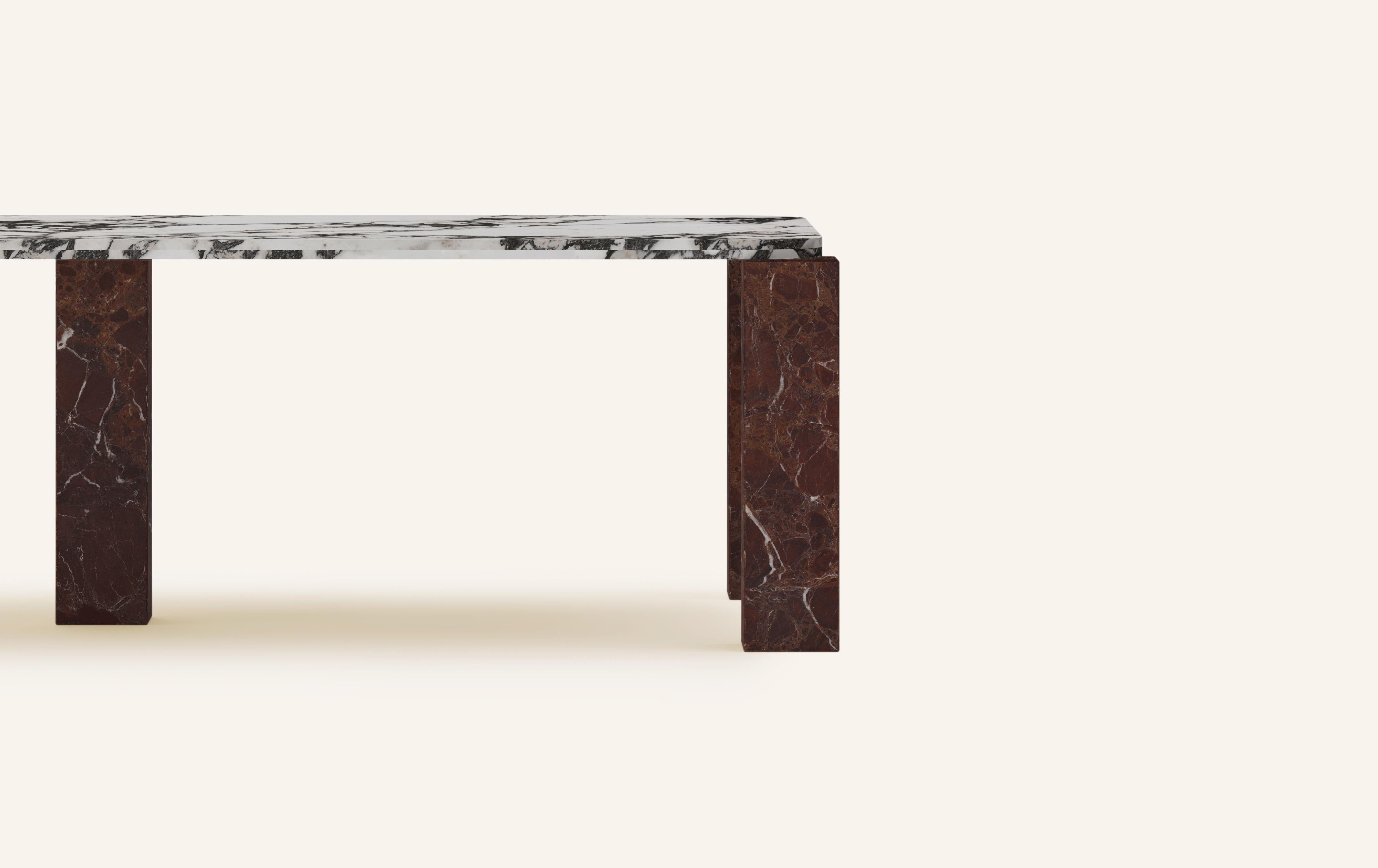 American FORM(LA) Cubo Rectangle Dining Table 110”L x 50”W x 30”H Viola & Rosso Marble For Sale