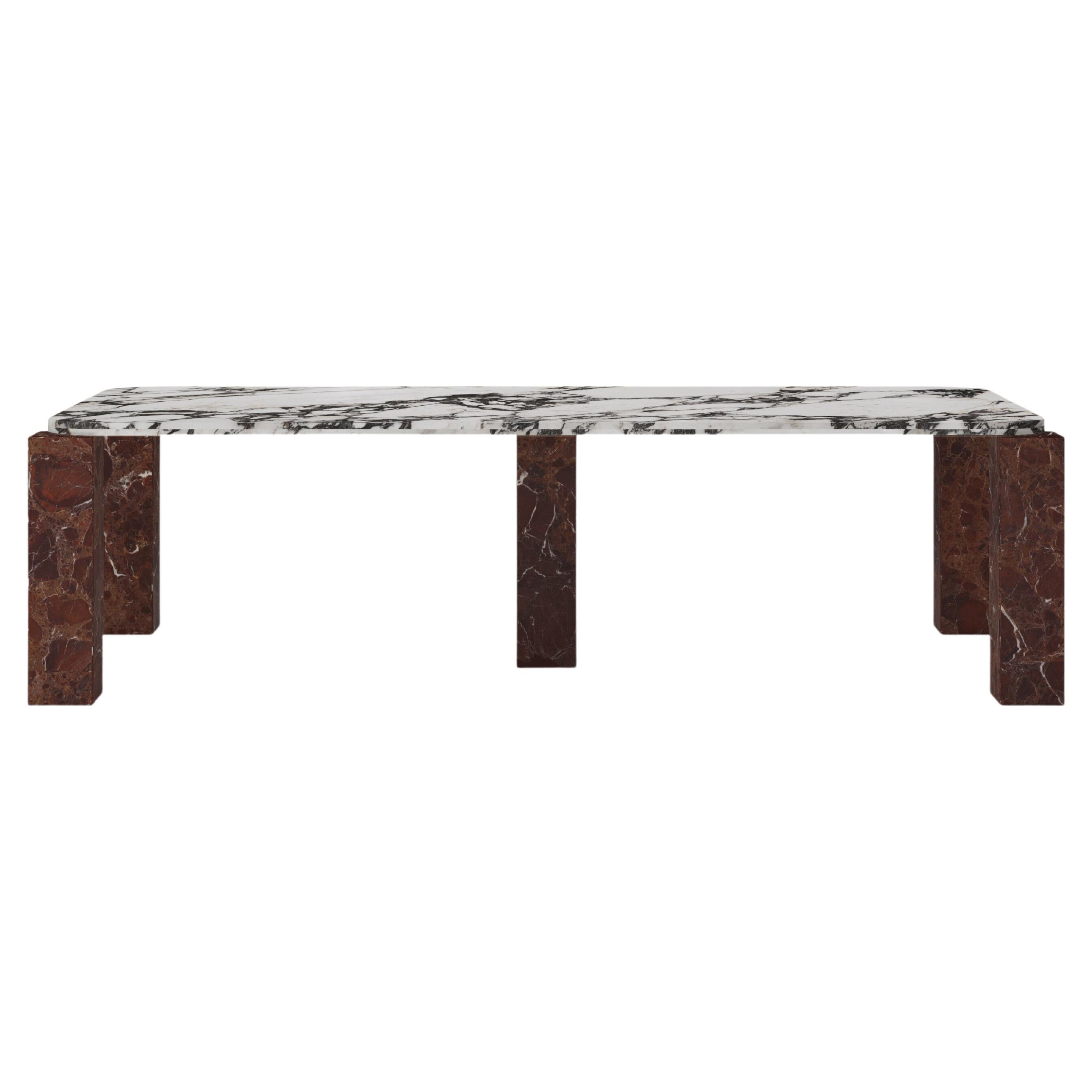 FORM(LA) Cubo Rectangle Dining Table 110”L x 50”W x 30”H Viola & Rosso Marble For Sale