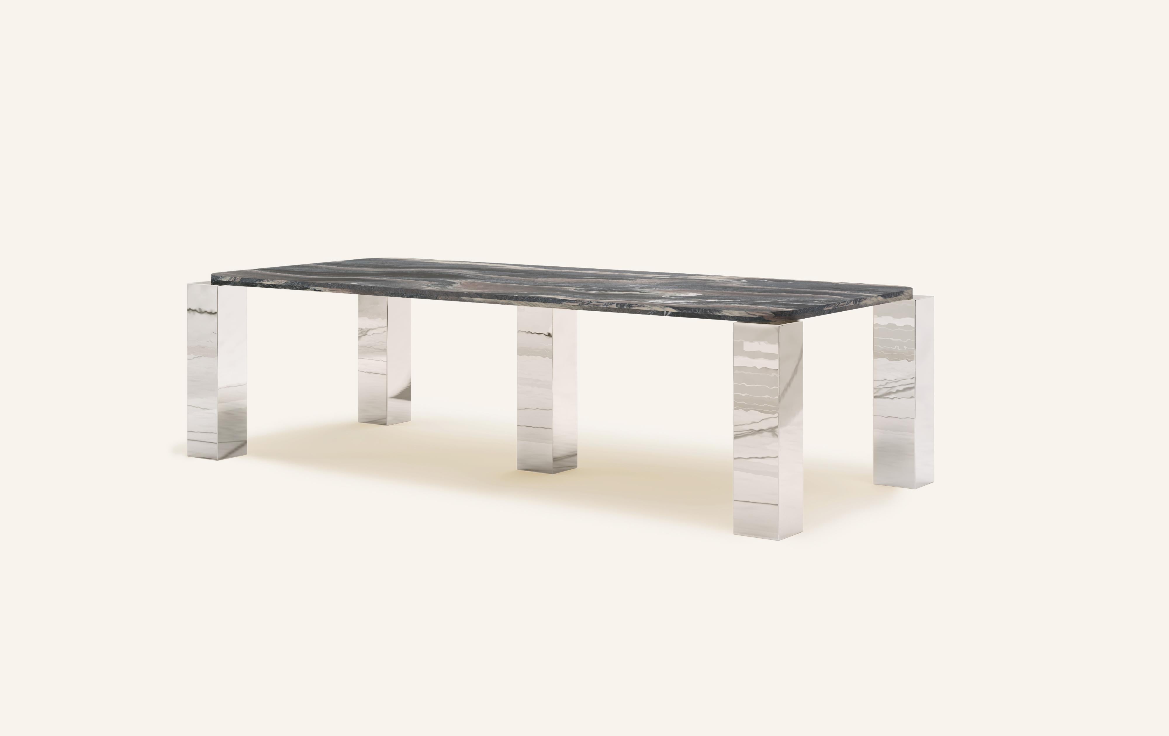 Organic Modern FORM(LA) Cubo Rectangle Dining Table 120”L x 50”W x 30”H Ondulato Marble/Chrome For Sale