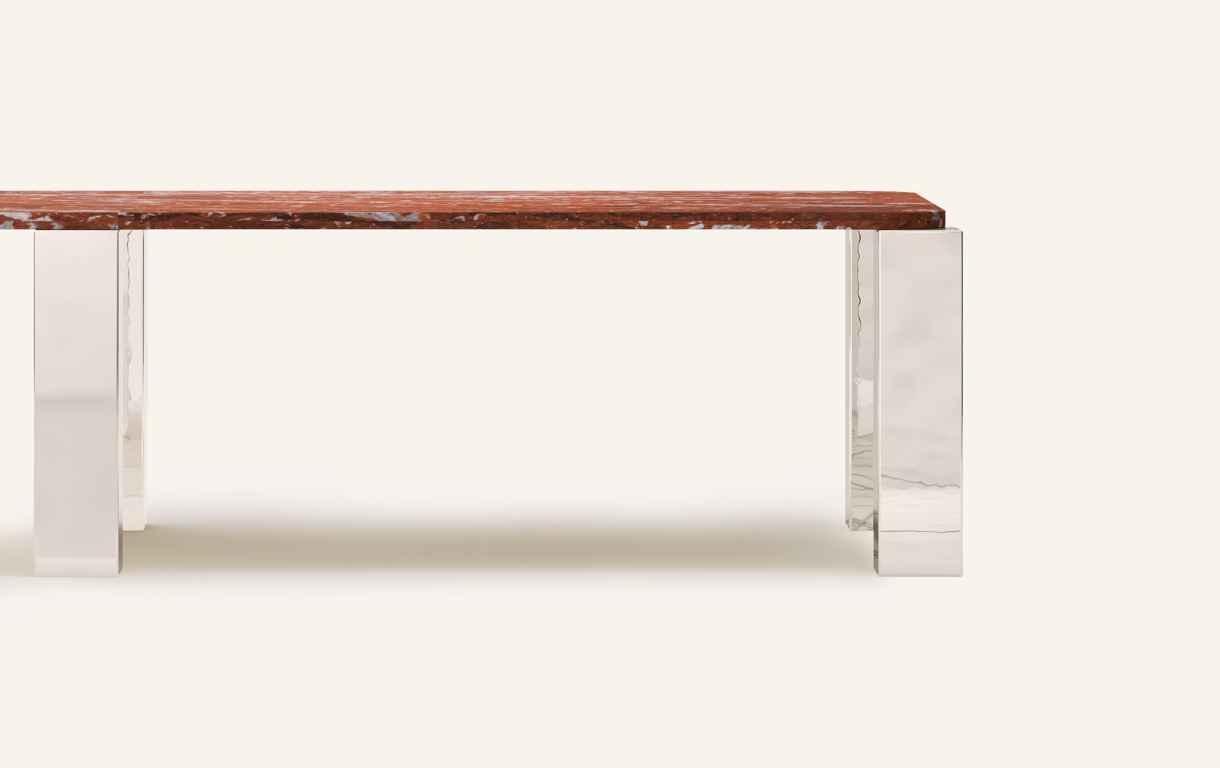 American FORM(LA) Cubo Rectangle Dining Table 146”L x 50”W x 30”H Francia Marble & Chrome For Sale