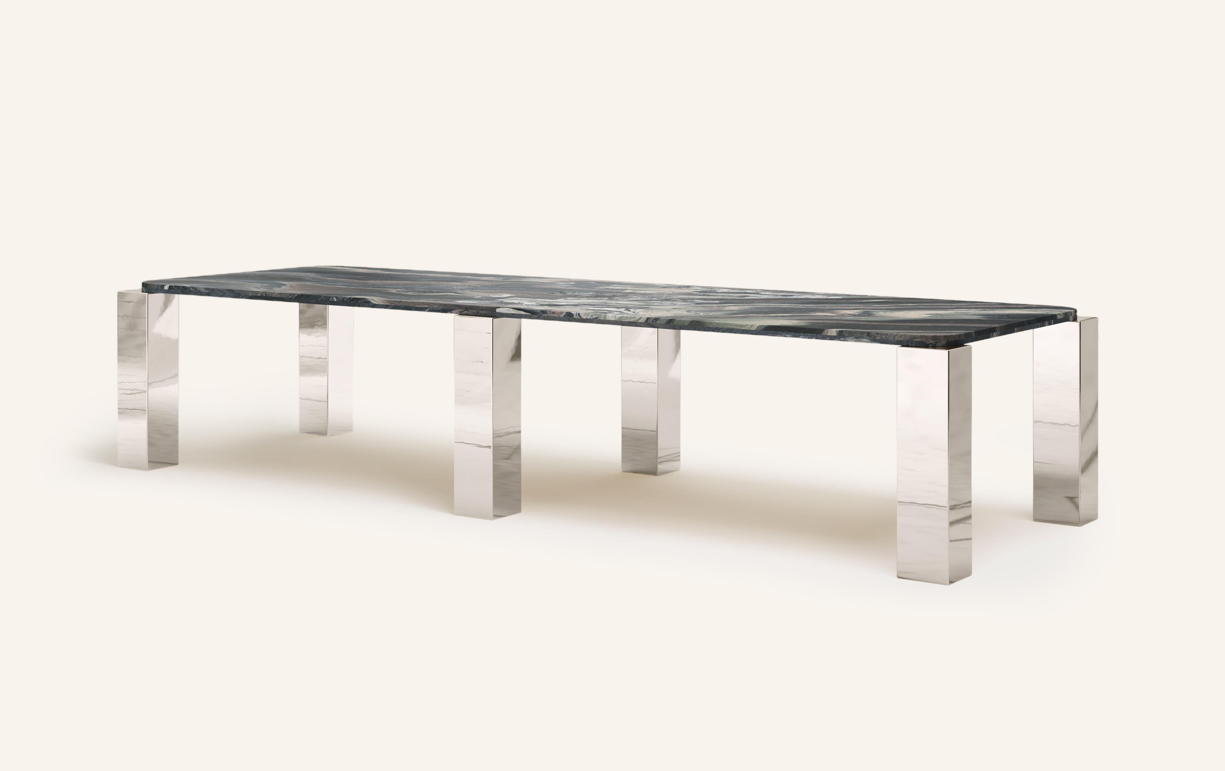 Organic Modern FORM(LA) Cubo Rectangle Dining Table 146”L x 50”W x 30”H Ondulato Marble/Chrome For Sale