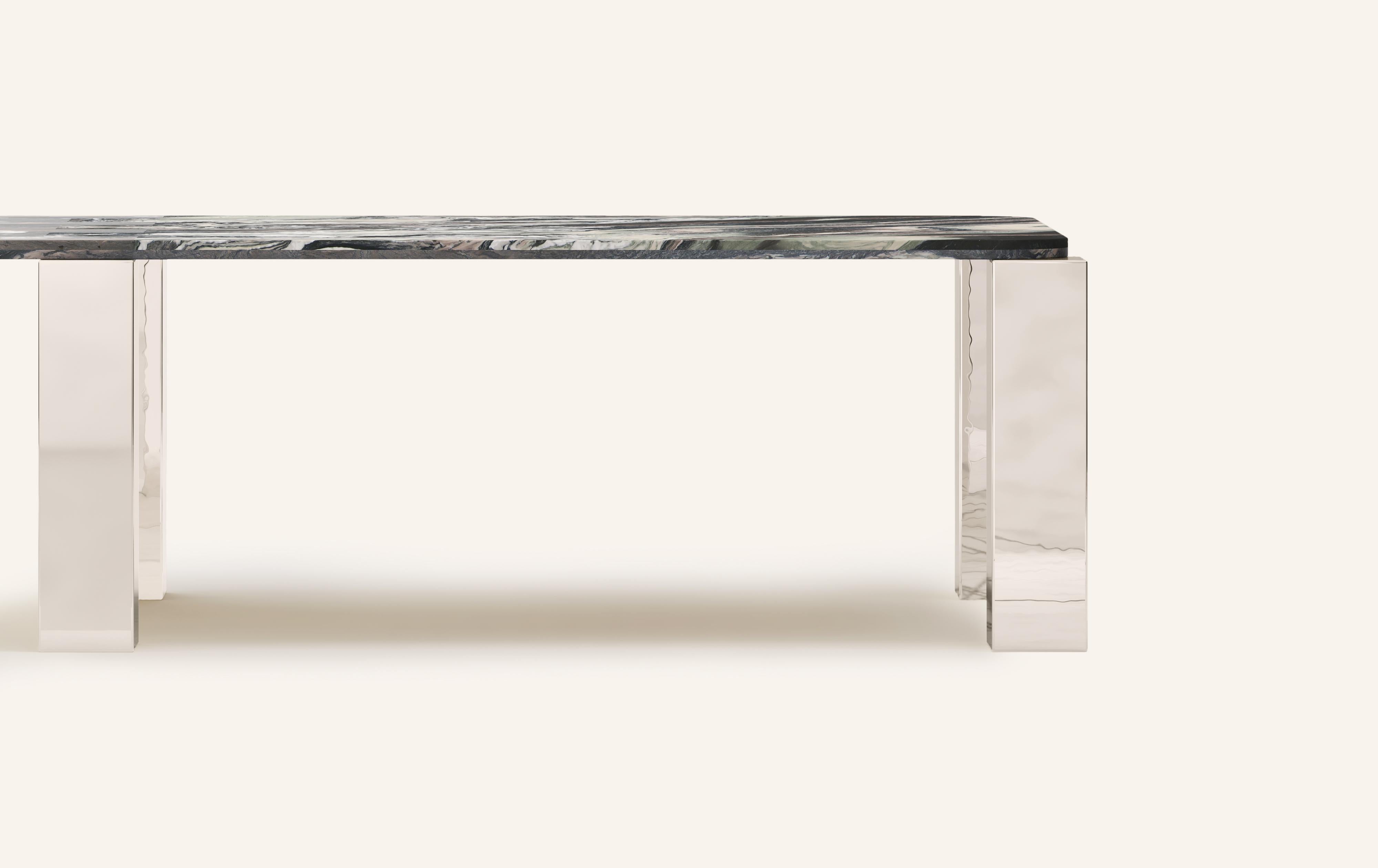 American FORM(LA) Cubo Rectangle Dining Table 146”L x 50”W x 30”H Ondulato Marble/Chrome For Sale