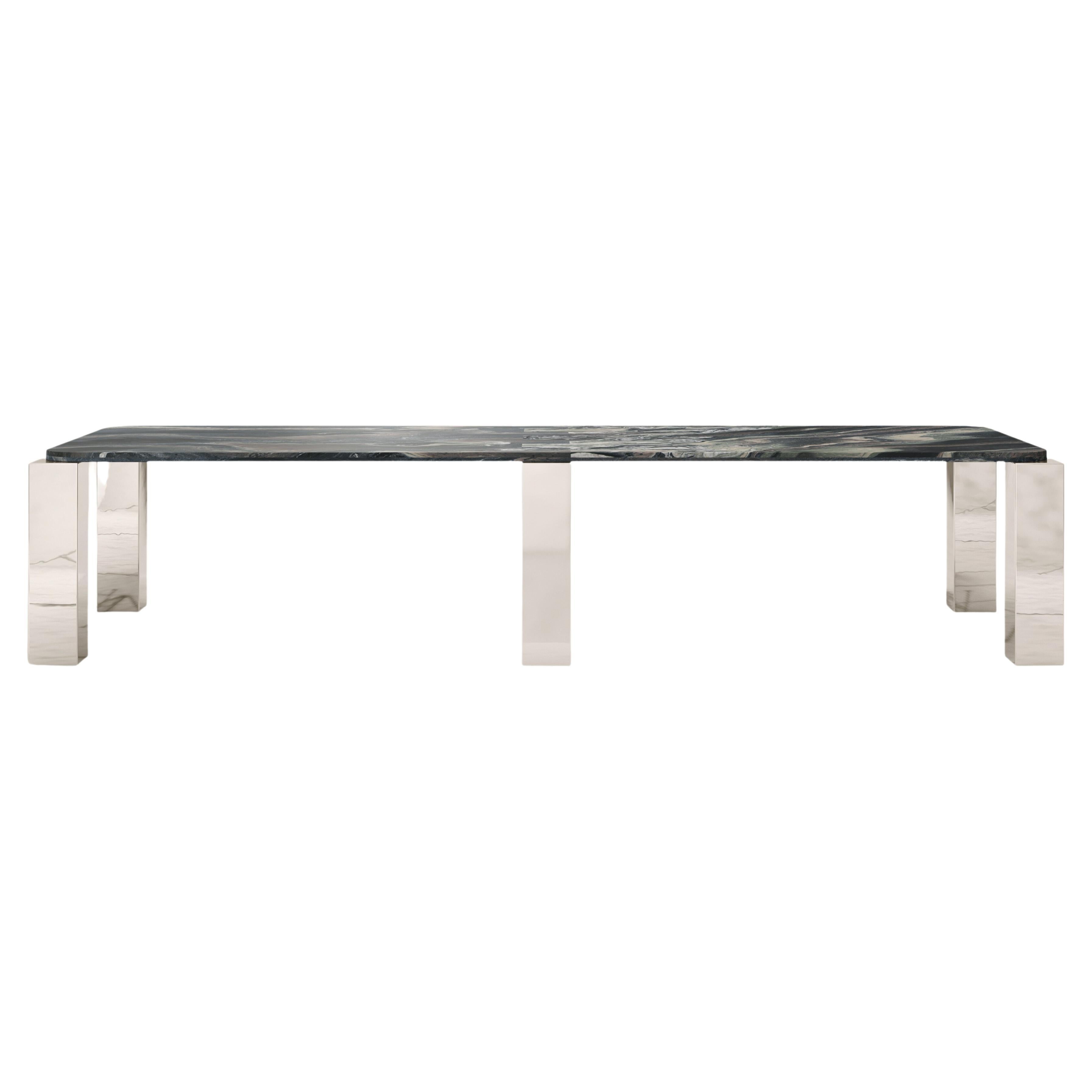 FORM(LA) Cubo Rectangle Dining Table 146”L x 50”W x 30”H Ondulato Marble/Chrome For Sale
