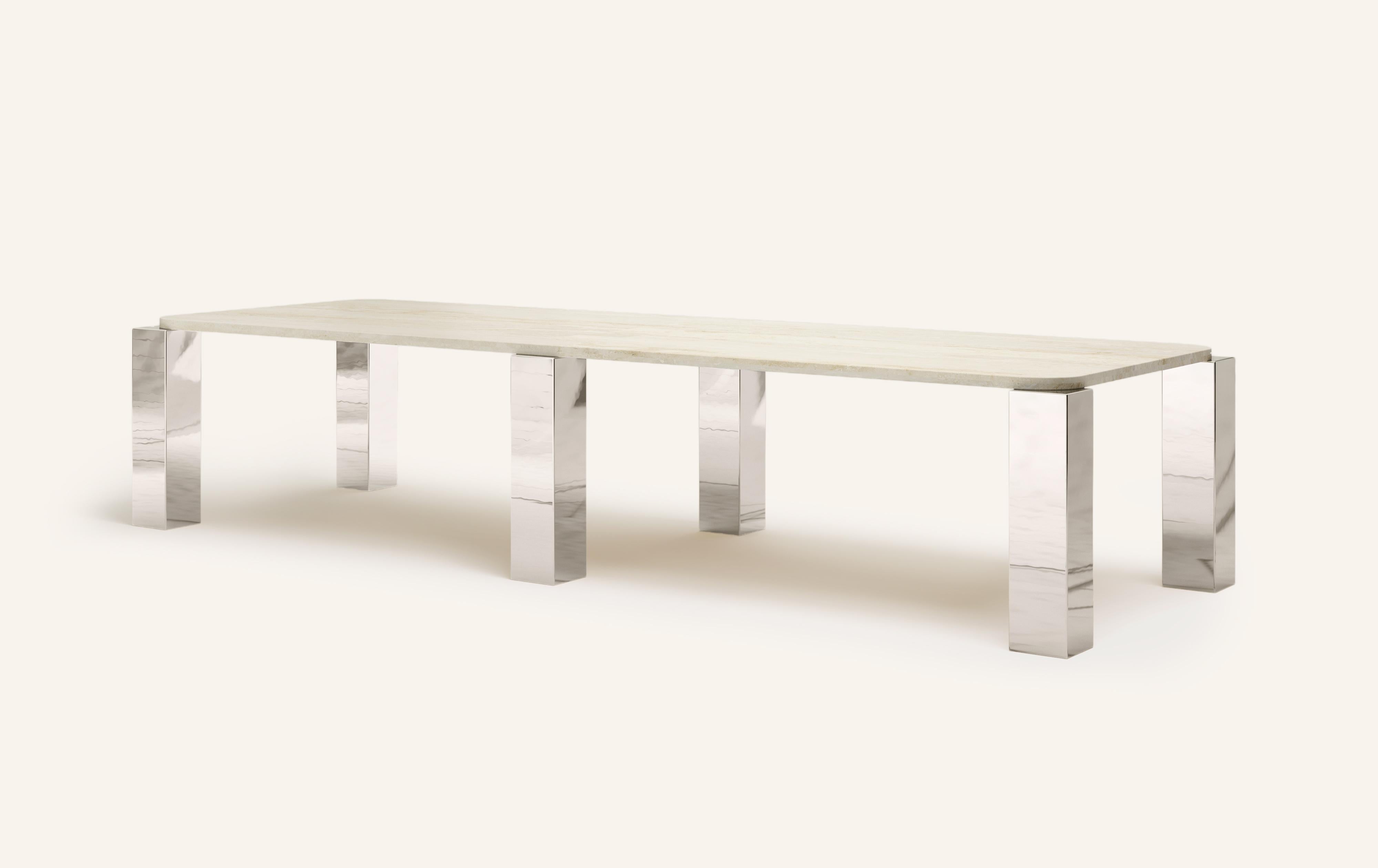 Organic Modern FORM(LA) Cubo Rectangle Dining Table 146”L x 50”W x 30”H Travertino & Chrome For Sale