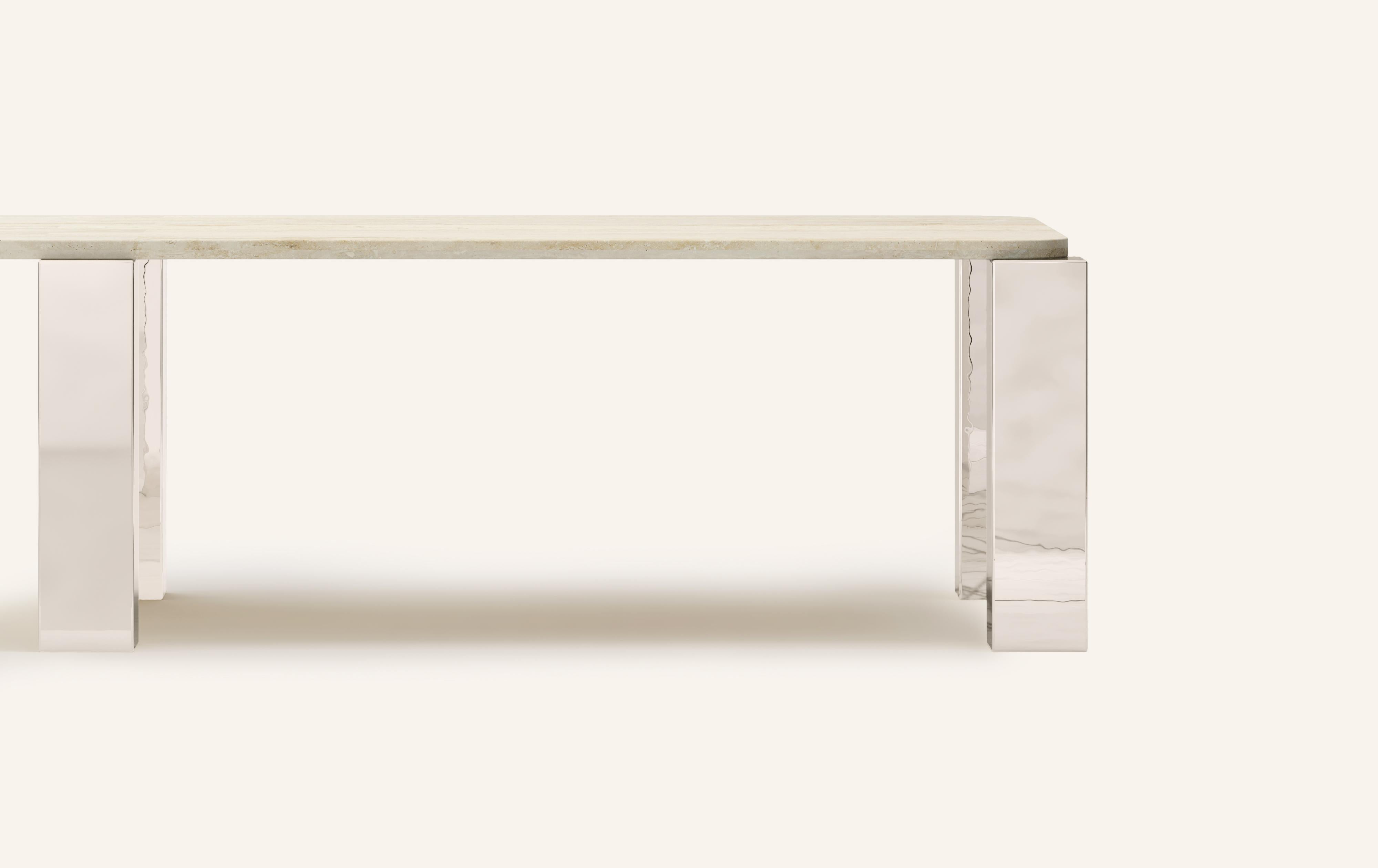 American FORM(LA) Cubo Rectangle Dining Table 146”L x 50”W x 30”H Travertino & Chrome For Sale