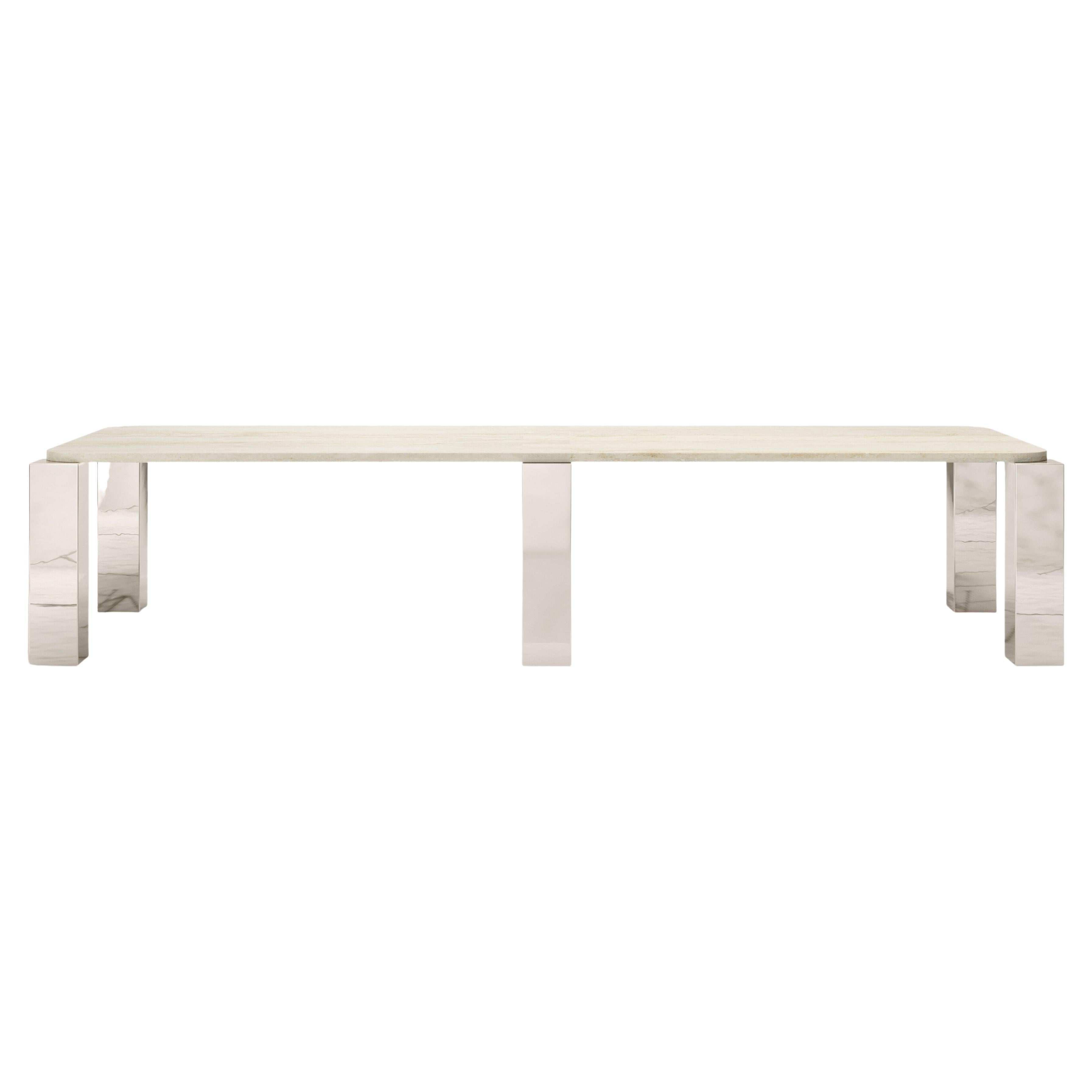 FORM(LA) Cubo Rectangle Dining Table 146”L x 50”W x 30”H Travertino & Chrome For Sale