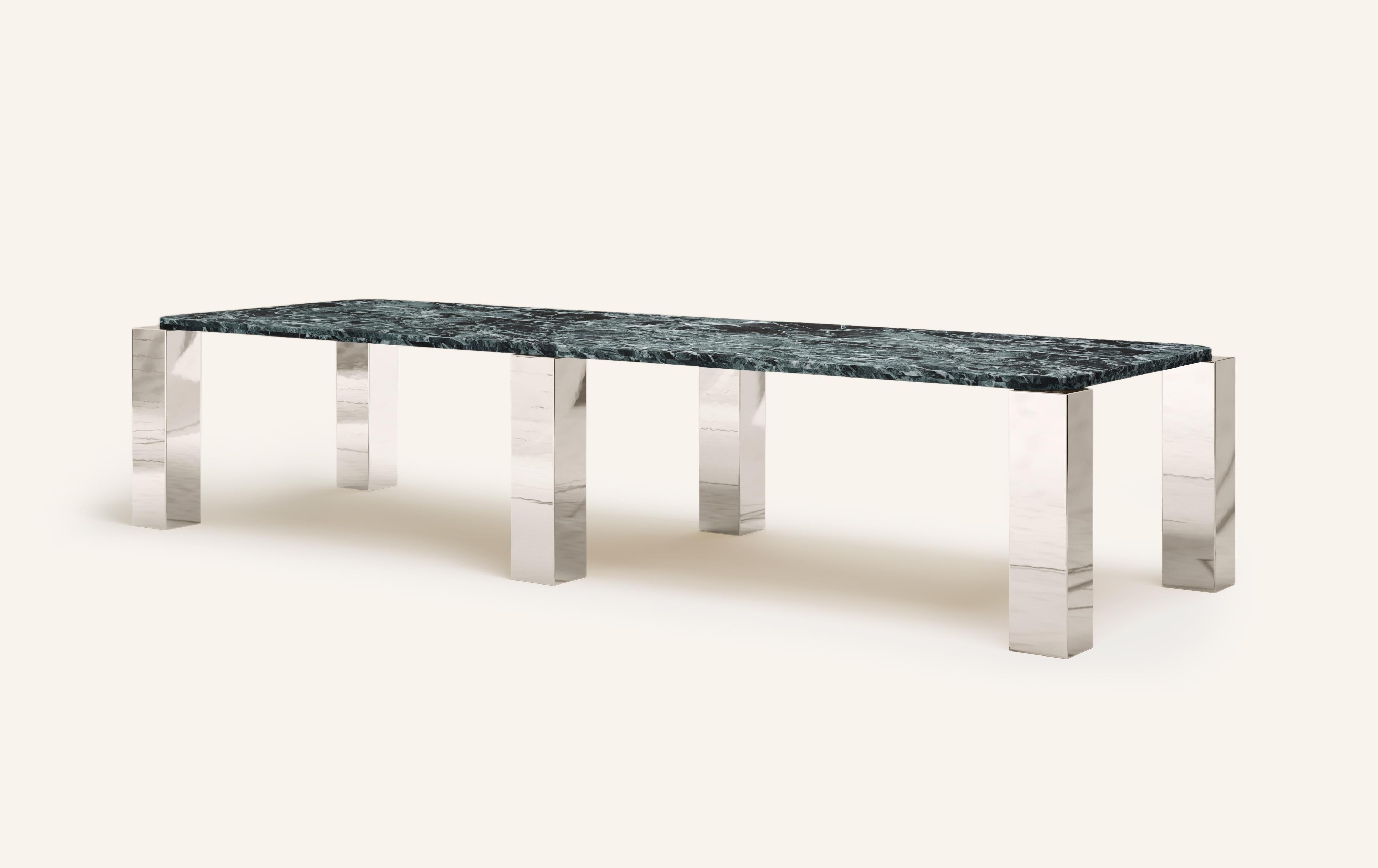 Organic Modern FORM(LA) Cubo Rectangle Dining Table 146”L x 50”W x 30”H Verde Marble & Chrome For Sale