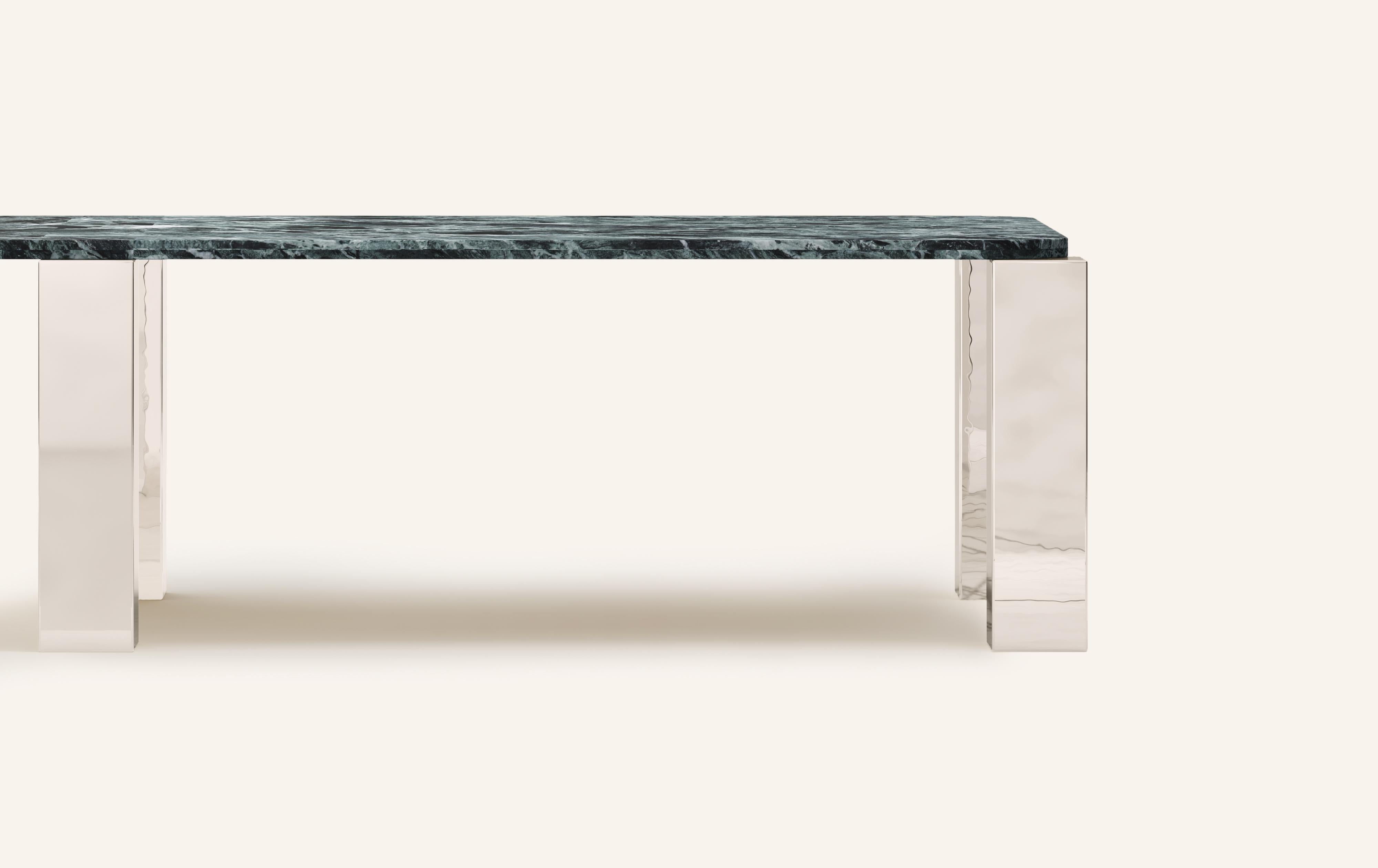 American FORM(LA) Cubo Rectangle Dining Table 146”L x 50”W x 30”H Verde Marble & Chrome For Sale