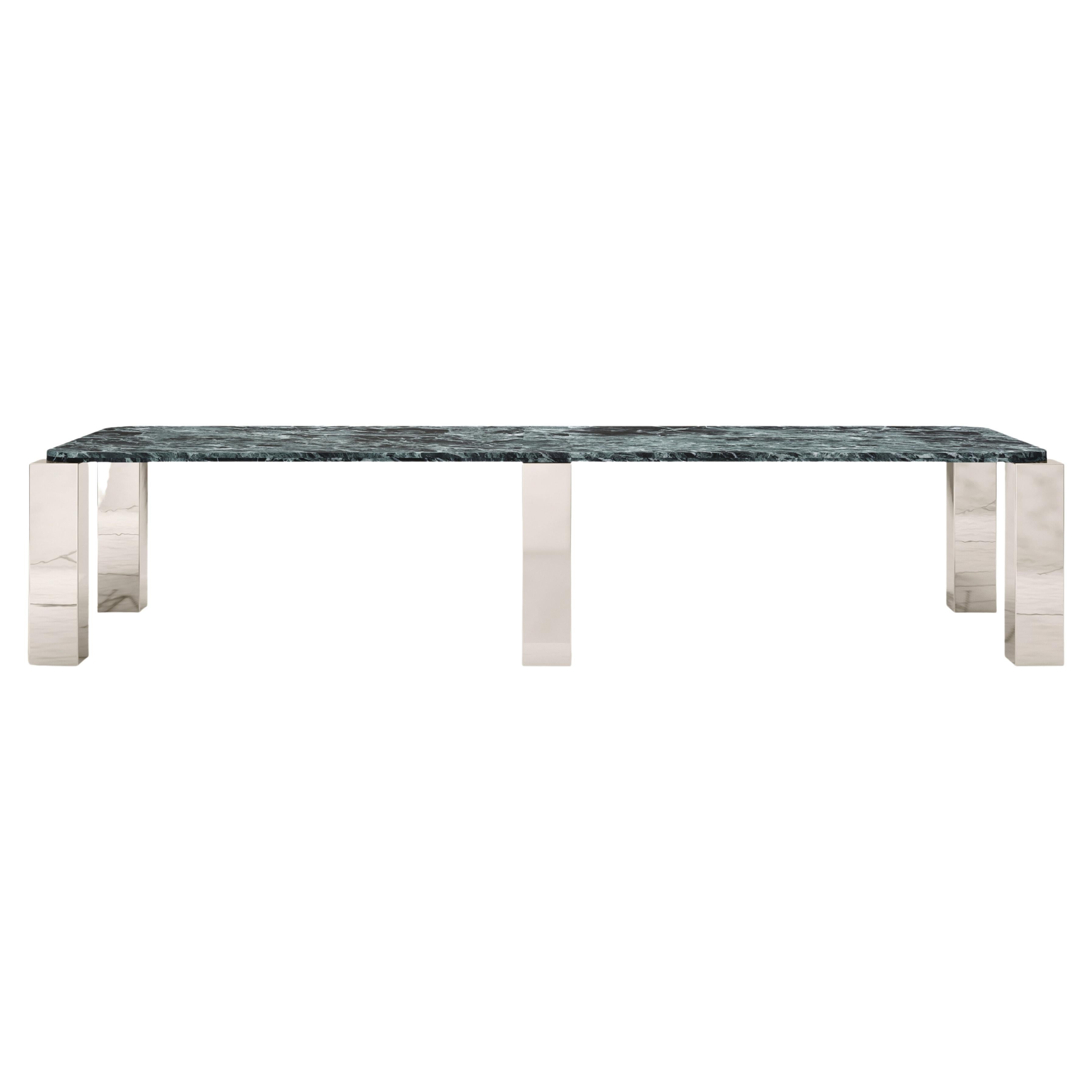 FORM(LA) Cubo Rectangle Dining Table 146”L x 50”W x 30”H Verde Marble & Chrome For Sale