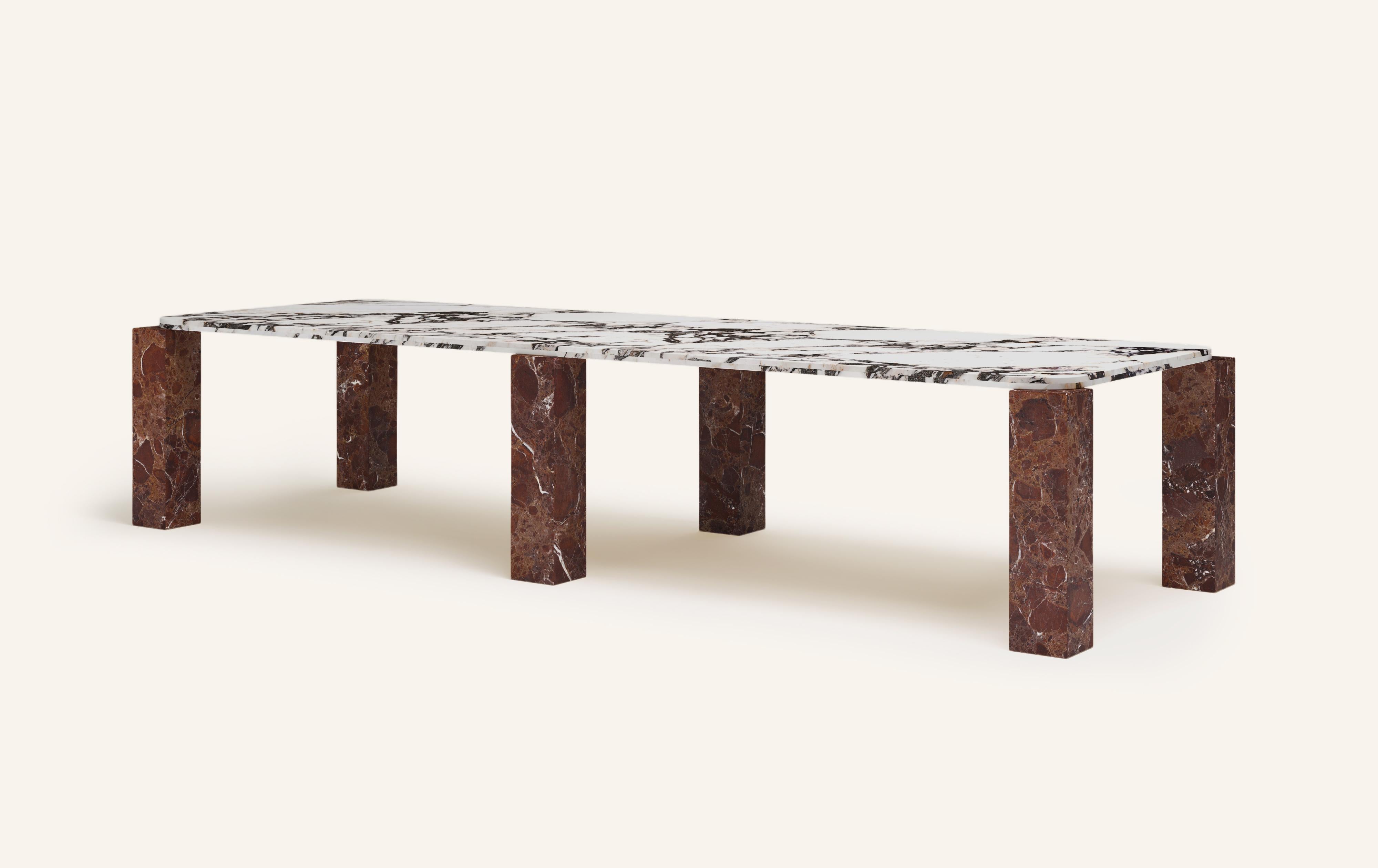 Organic Modern FORM(LA) Cubo Rectangle Dining Table 146”L x 50”W x 30”H Viola & Rosso Marble For Sale