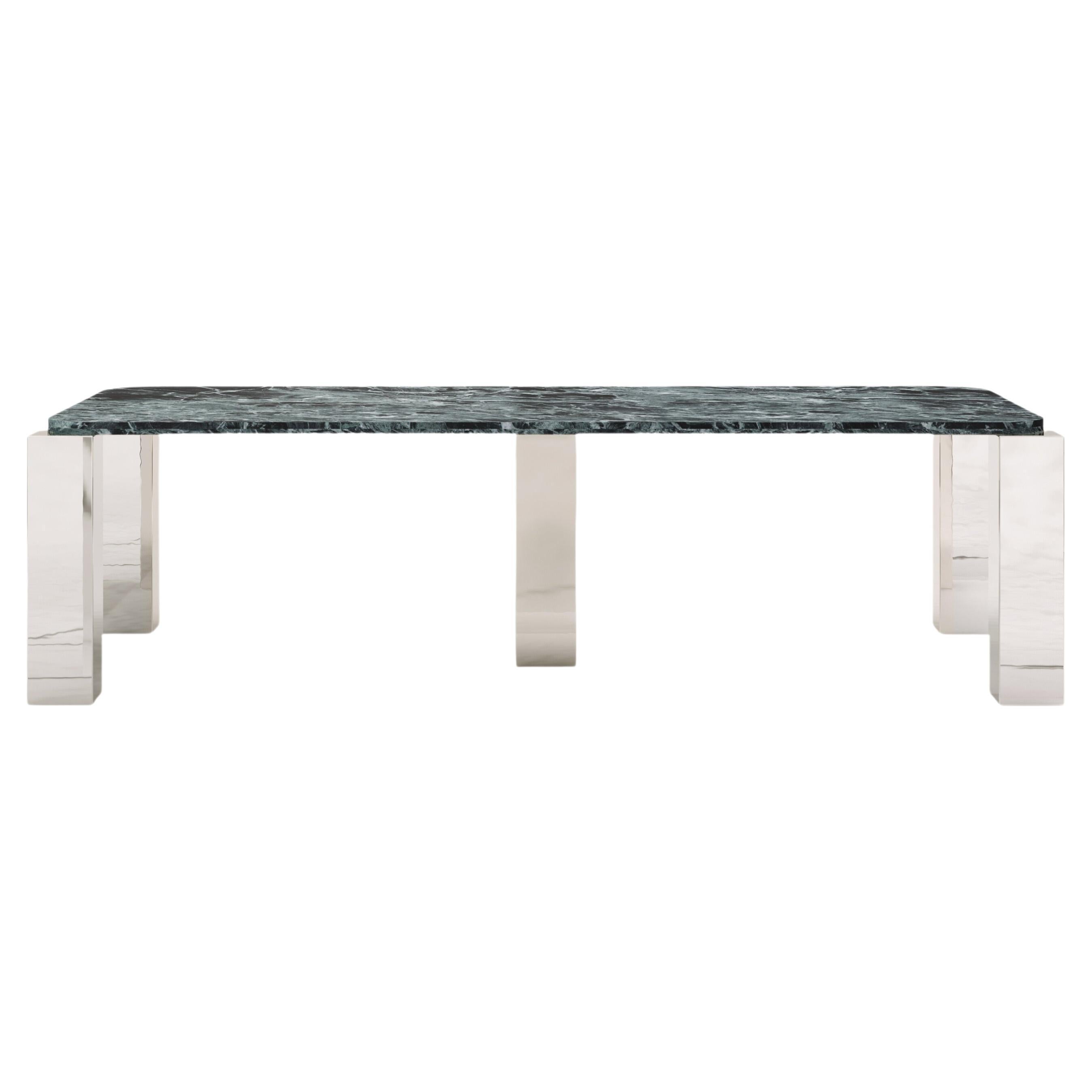 FORM(LA) Cubo Rectangle Dining Table 86”L x 44”W x 30”H Verde Marble & Chrome