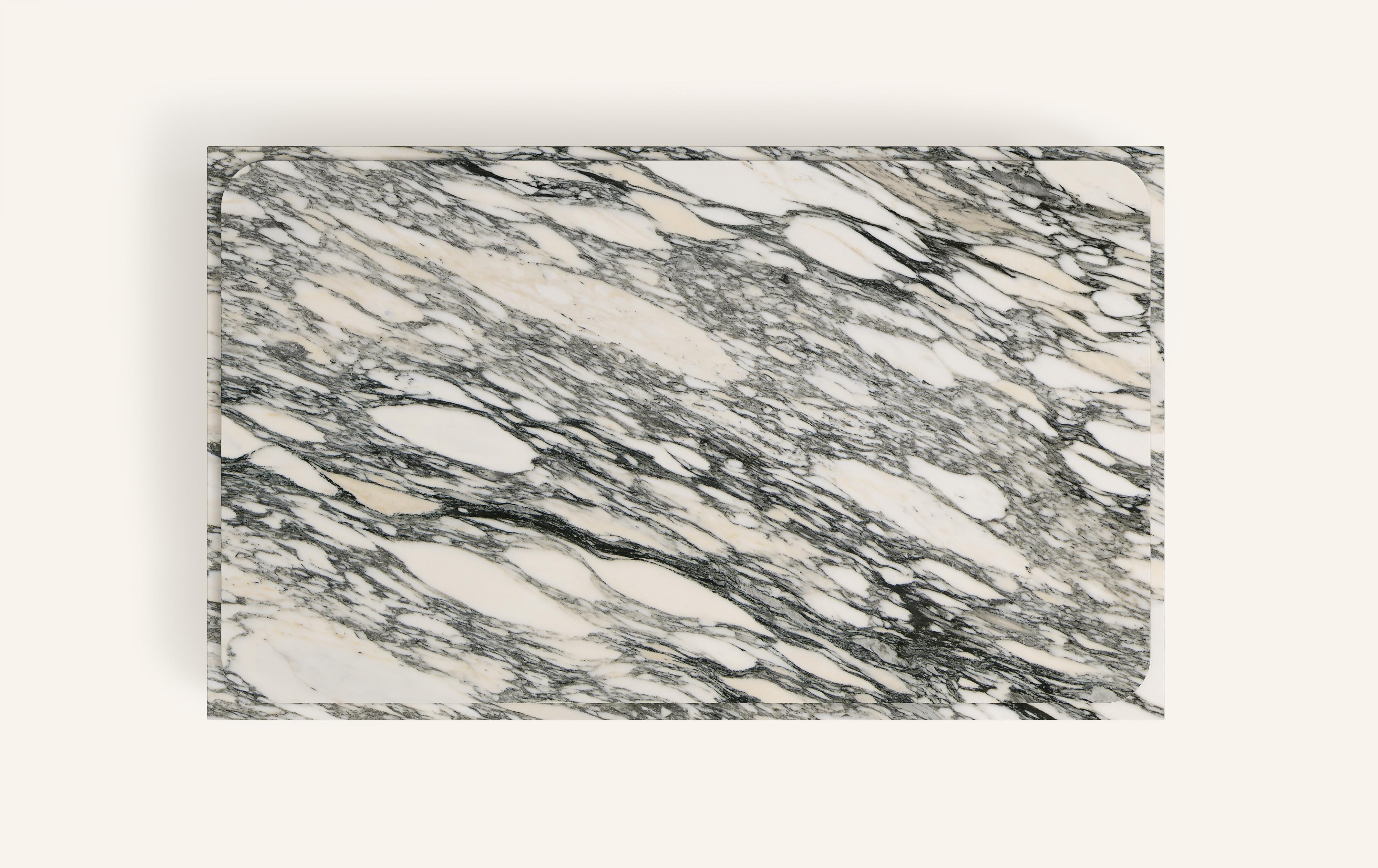 American FORM(LA) Cubo Rectangle Plinth Coffee Table 48”L x 30”W x 13”H Corchia Marble For Sale