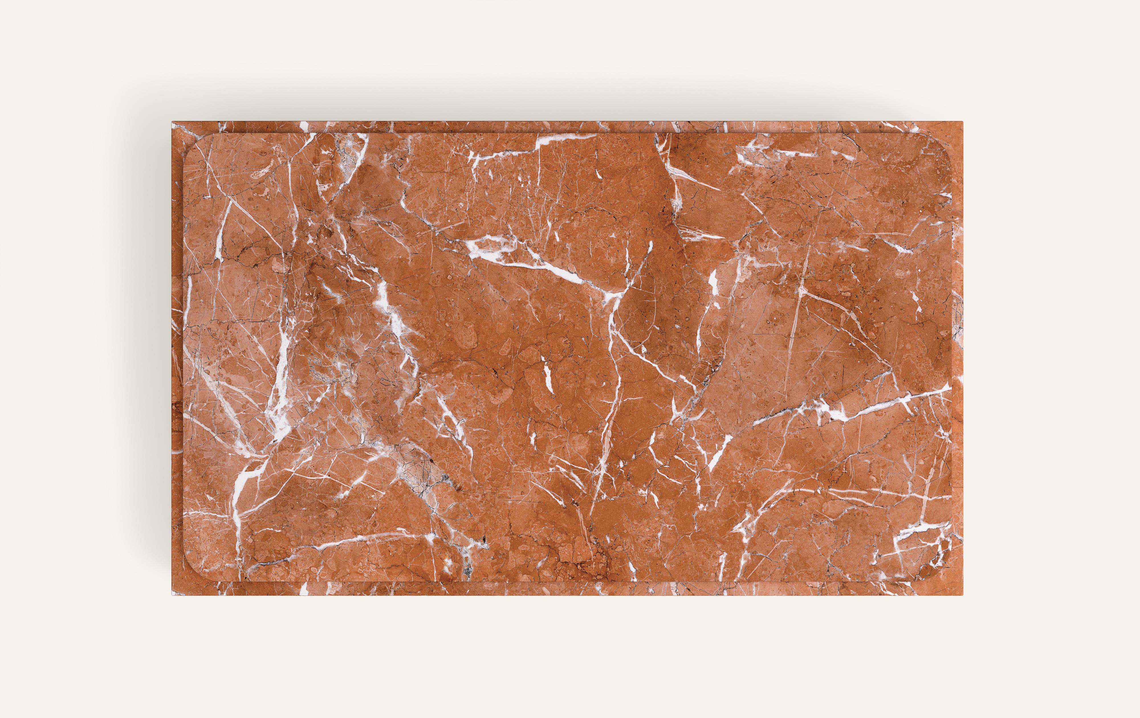 American FORM(LA) Cubo Rectangle Plinth Coffee Table 48”L x 30”W x 13”H Rojo Marble  For Sale