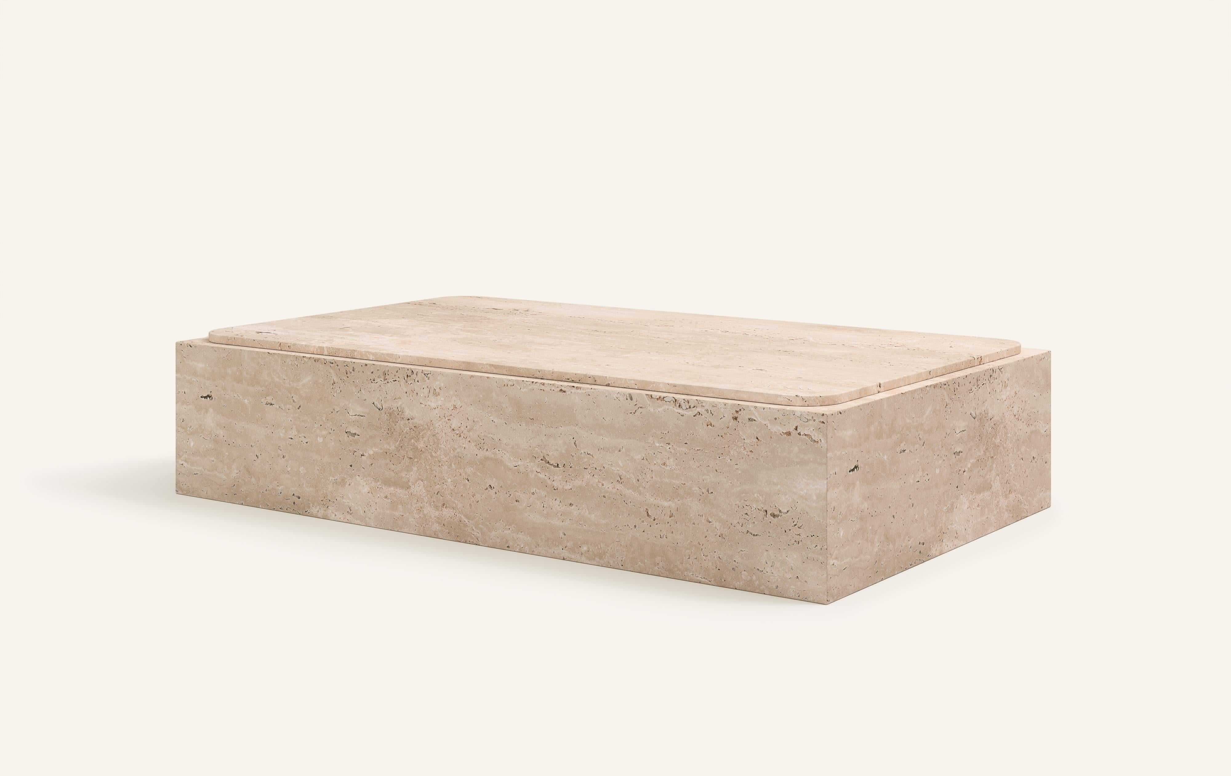 Organic Modern FORM(LA) Cubo Rectangle Plinth Coffee Table 48”L x 30”W x 13”H Travertino Crema  For Sale