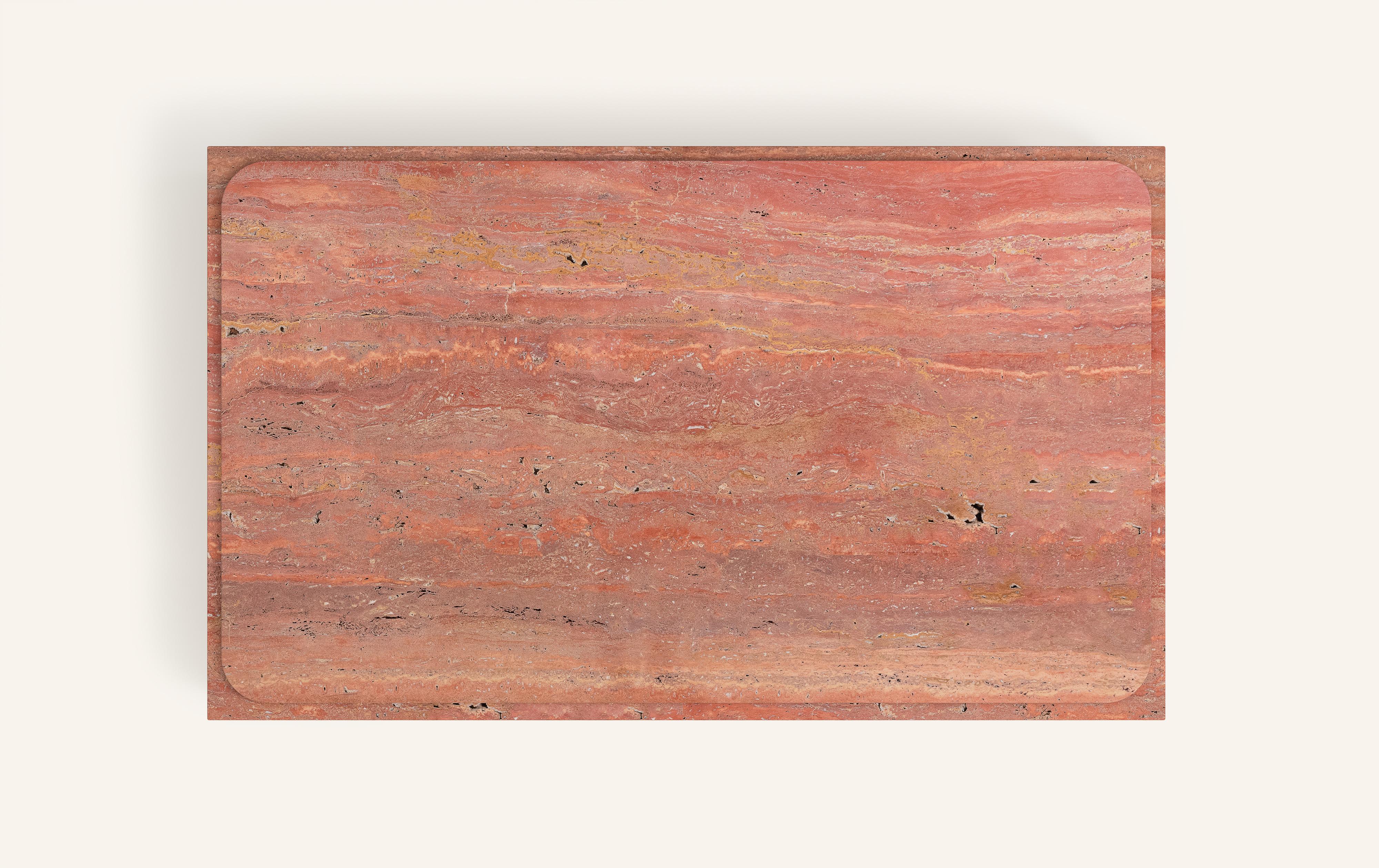 American FORM(LA) Cubo Rectangle Plinth Coffee Table 48”L x 30”W x 13”H Travertino Rosso  For Sale