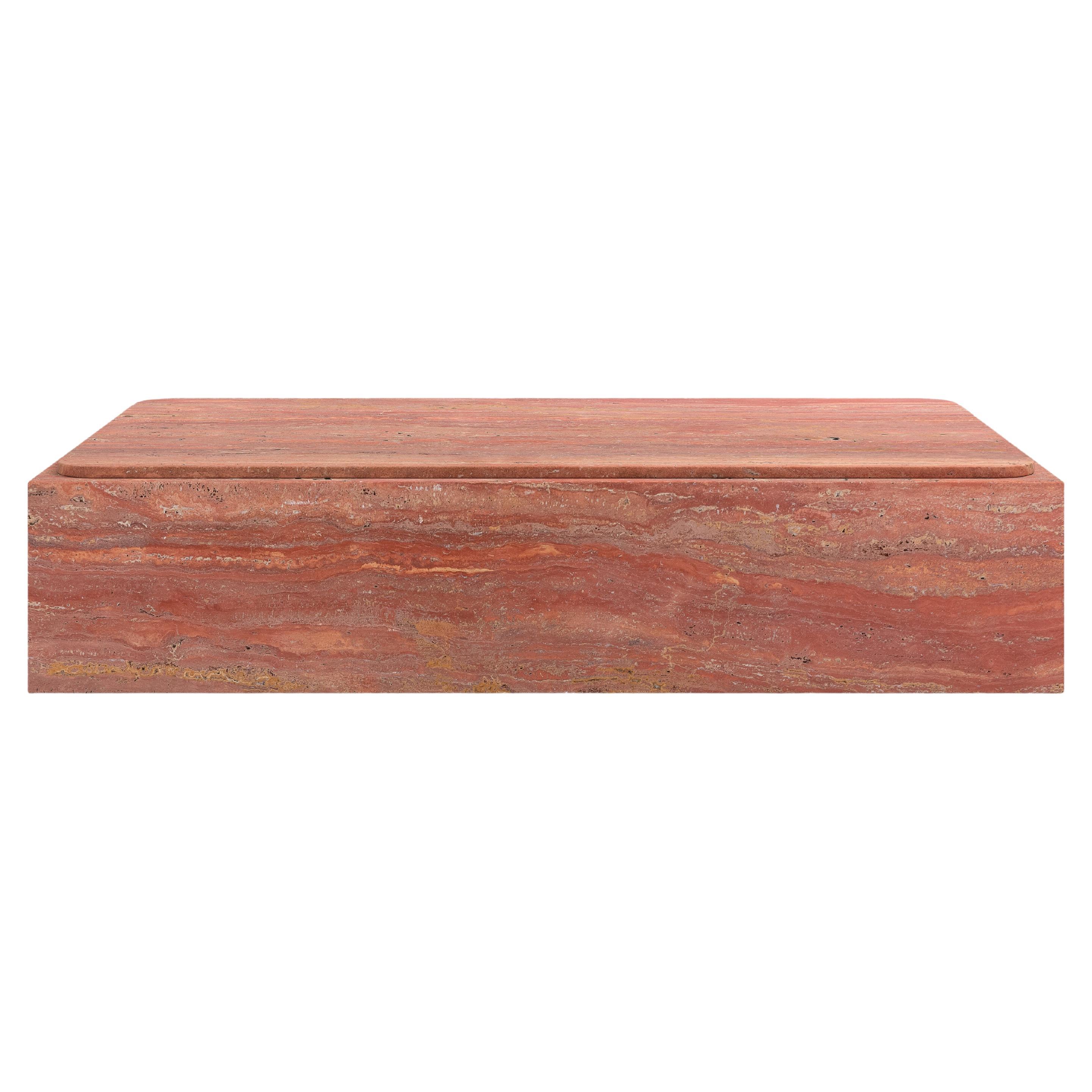FORM(LA) Cubo Rectangle Plinth Coffee Table 48”L x 30”W x 13”H Travertino Rosso  For Sale