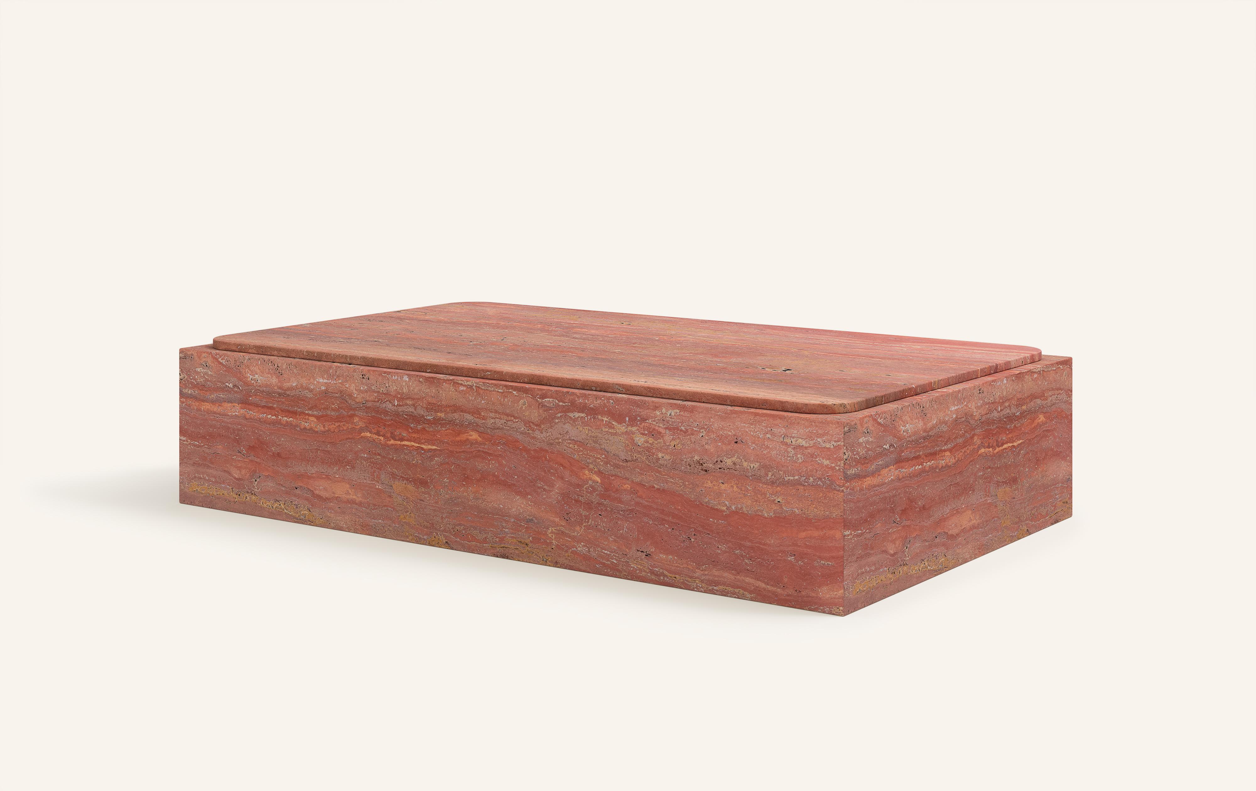 Organic Modern FORM(LA) Cubo Rectangle Plinth Coffee Table 60”L x 36”W x 13”H Travertino Rosso For Sale