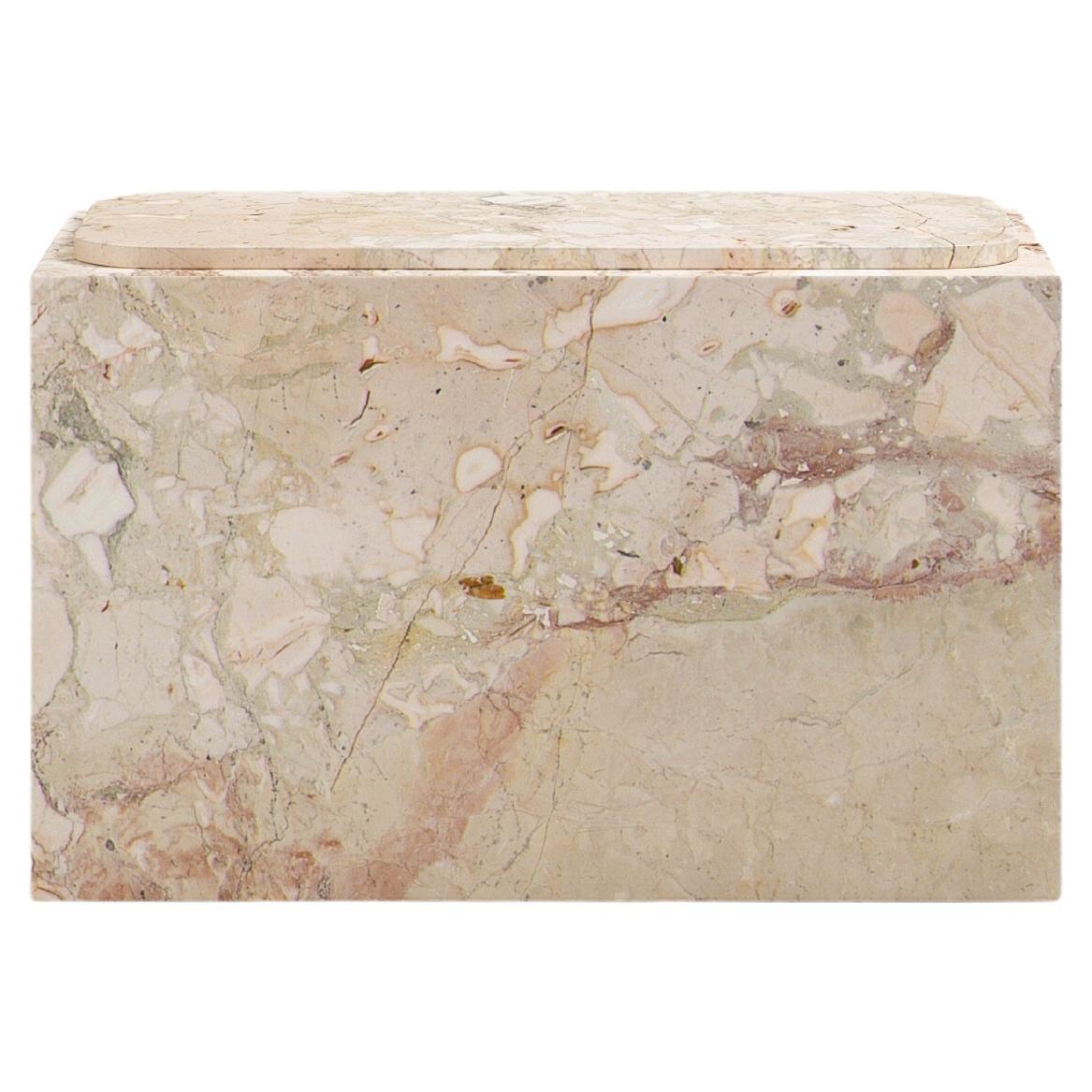 FORM(LA) Cubo Rectangle Side Table 30”L x 16"W x 19”H Breccia Rosa Marble For Sale