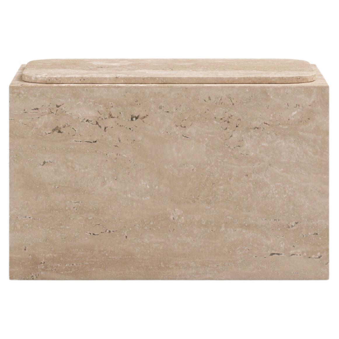 FORM(LA) Cubo Rectangle Side Table 30”L x 16"W x 19”H Travertino Crema VC For Sale