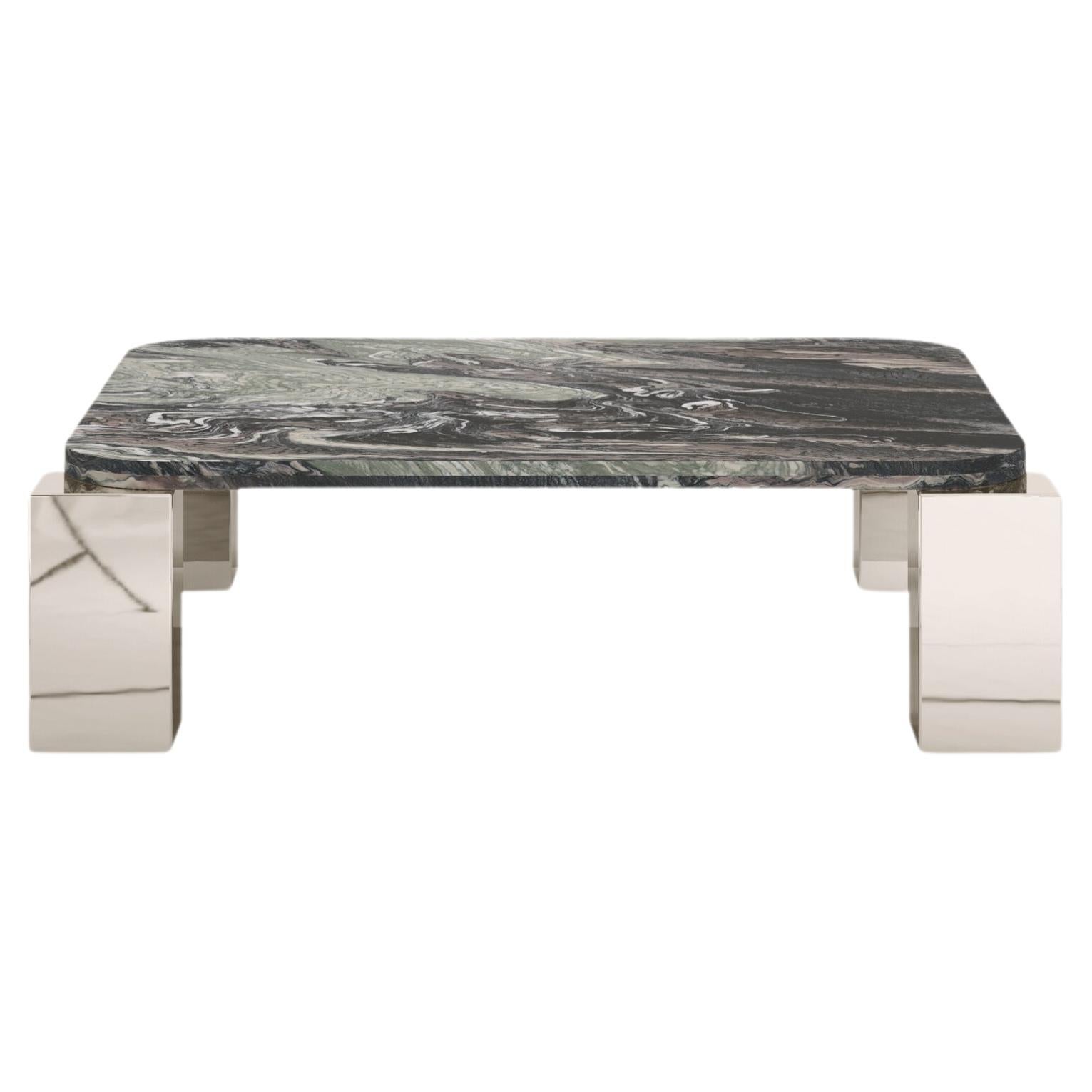 FORM(LA) Cubo Square Coffee Table 44”L x 44"W x 14”H Cipollino Marble & Chrome For Sale