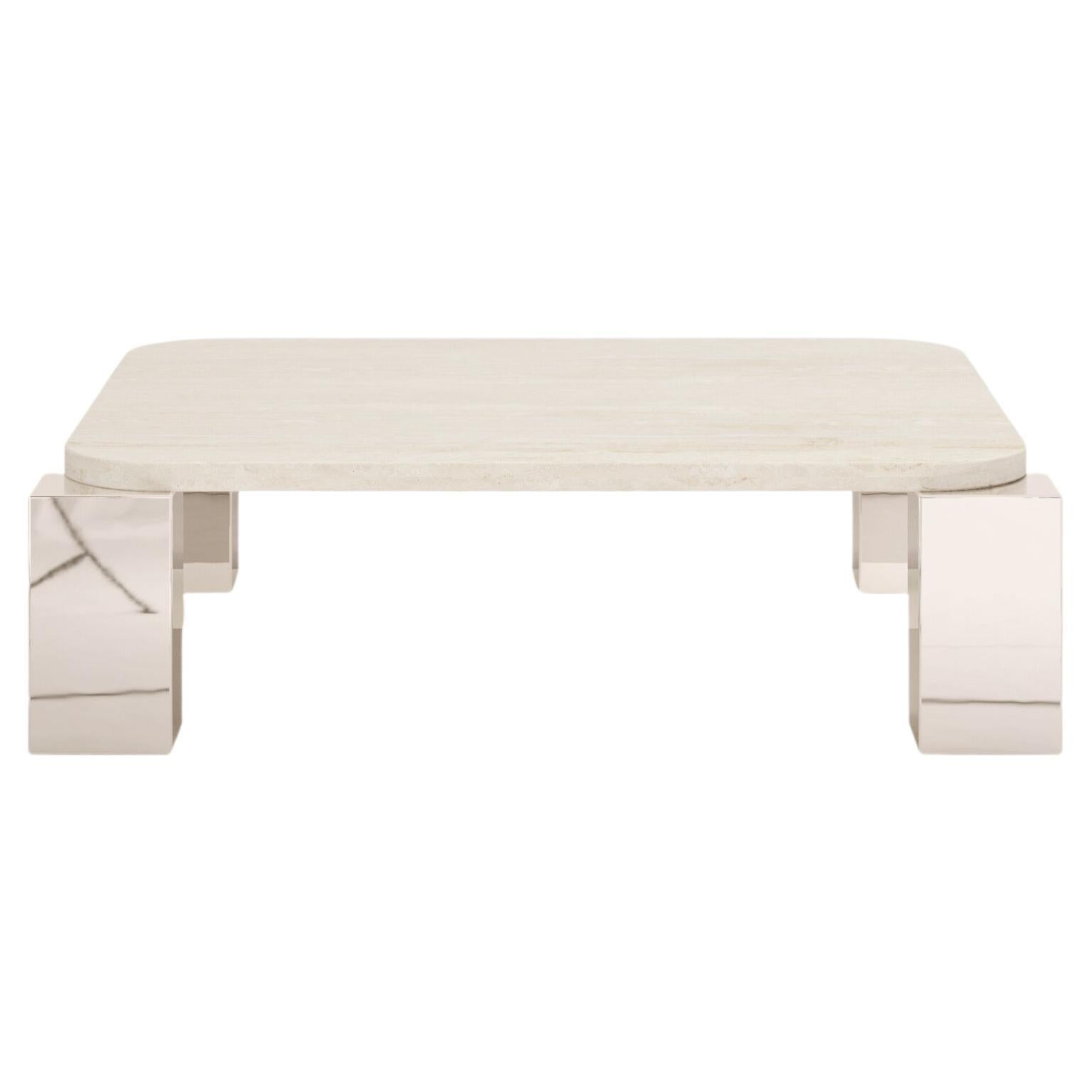 FORM(LA) Cubo Square Coffee Table 44”L x 44"W x 14”H Travertino Navona & Chrome