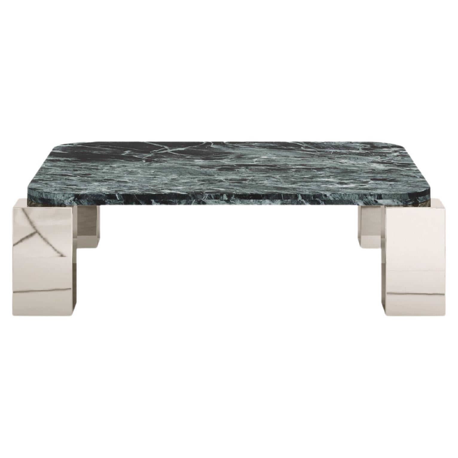 FORM(LA) Cubo Square Coffee Table 44”L x 44"W x 14”H Verde Alpi Marble & Chrome For Sale