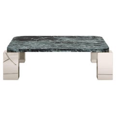 FORM(LA) Cubo Square Coffee Table 44”L x 44"W x 14”H Verde Alpi Marble & Chrome
