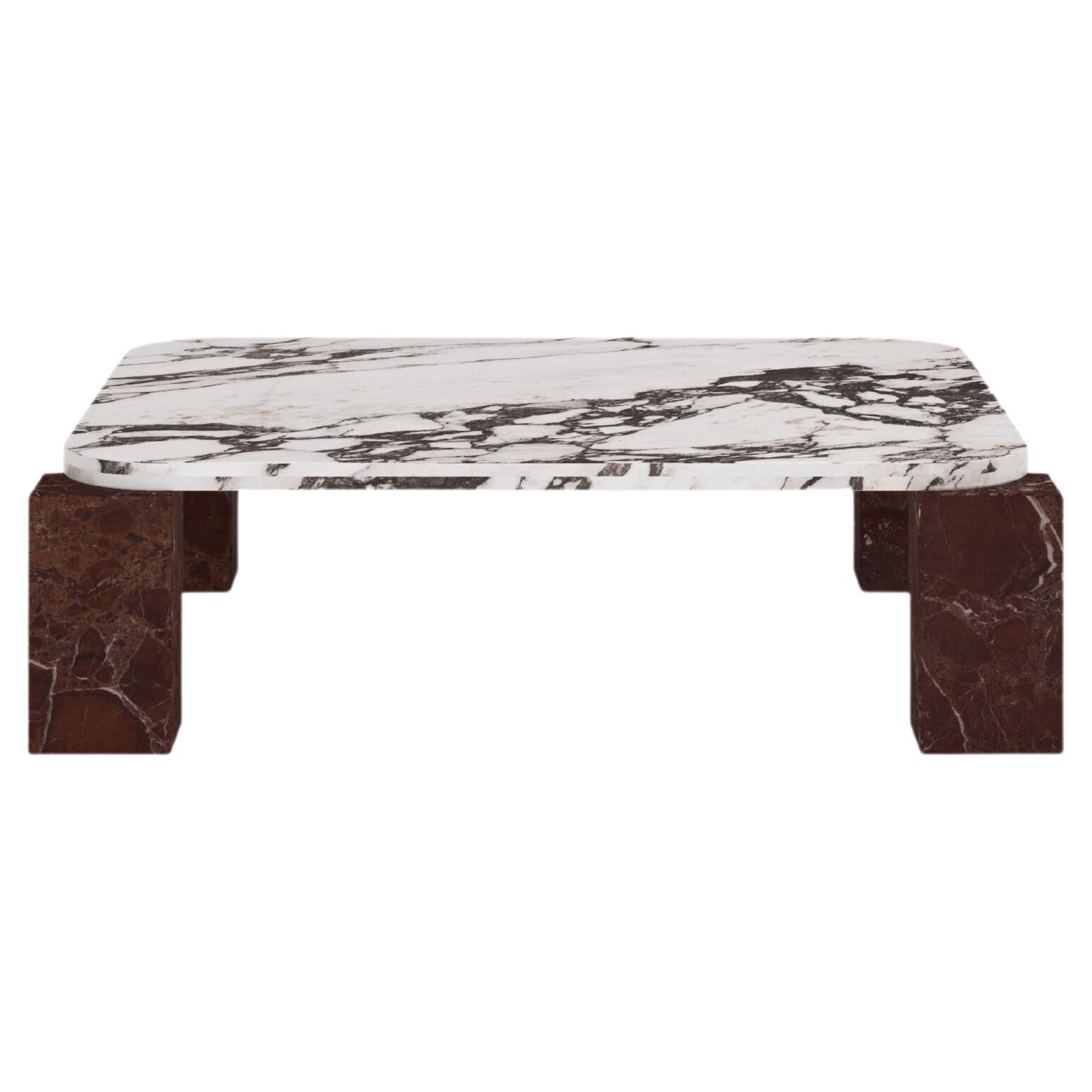 FORM(LA) Cubo Square Coffee Table 56”L x 56"W x 14”H Viola & Rosso Marble For Sale