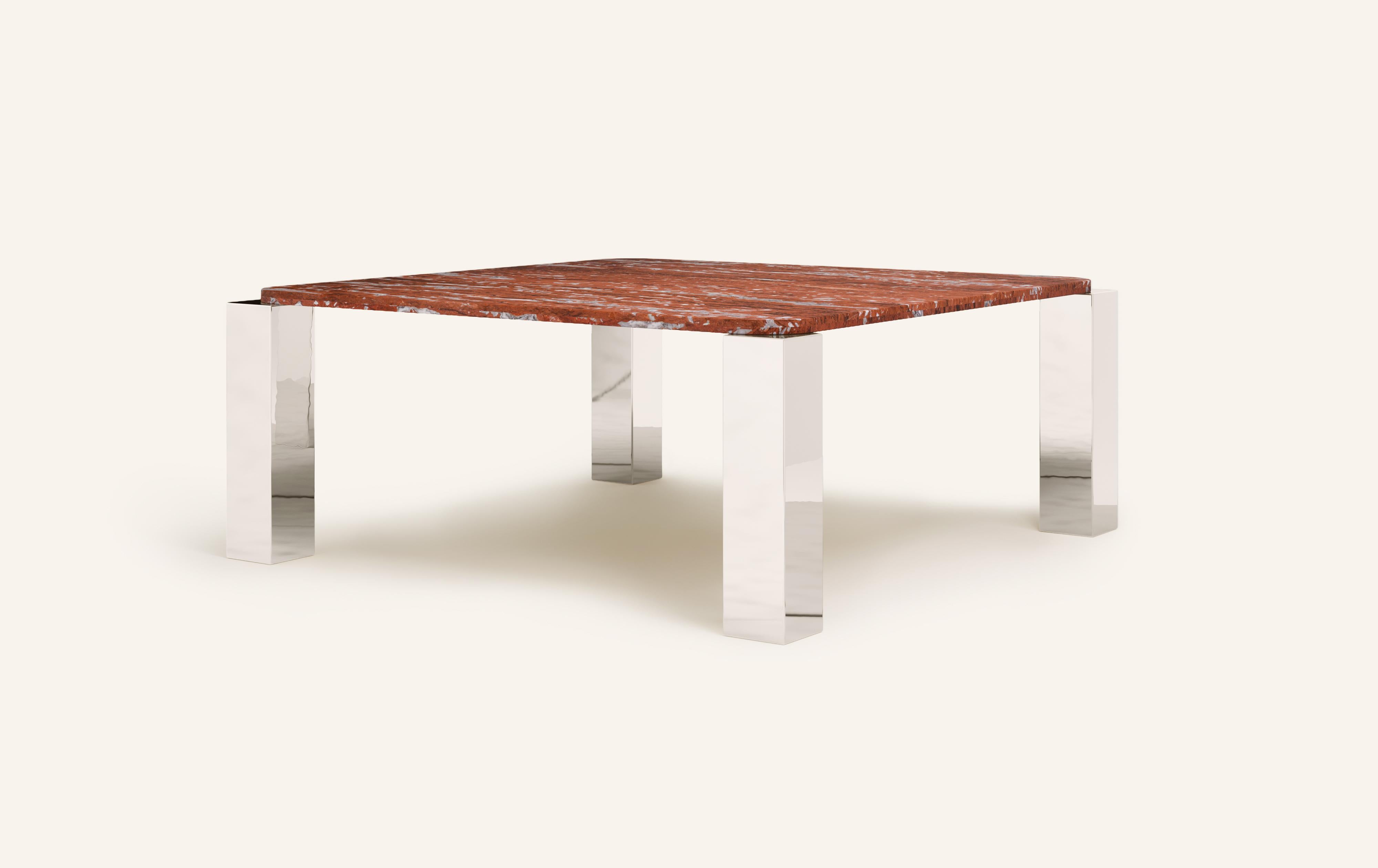Organic Modern FORM(LA) Cubo Square Dining Table 74”L x 74”W x 30”H Francia Marble & Chrome For Sale