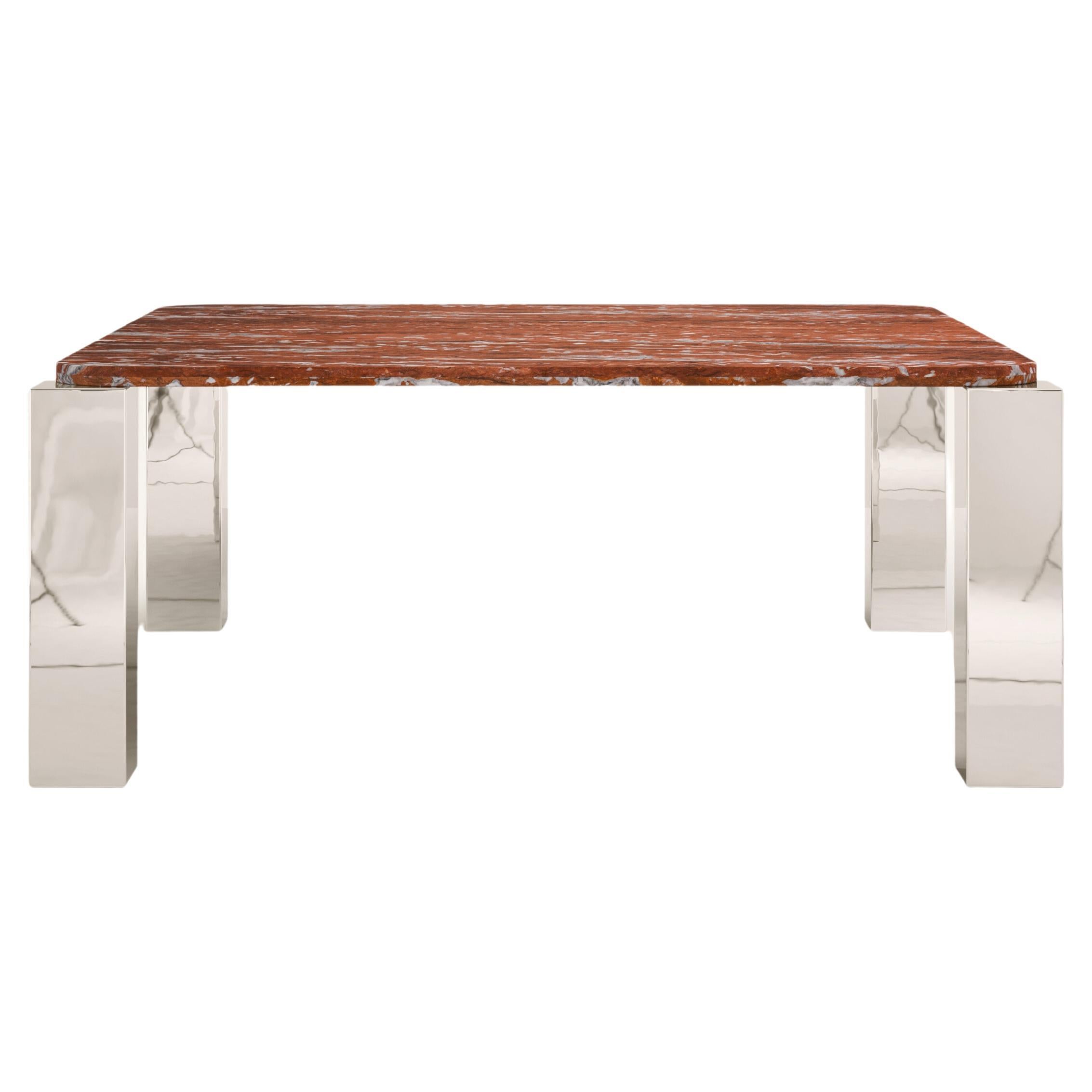 FORM(LA) Cubo Square Dining Table 74”L x 74”W x 30”H Francia Marble & Chrome For Sale