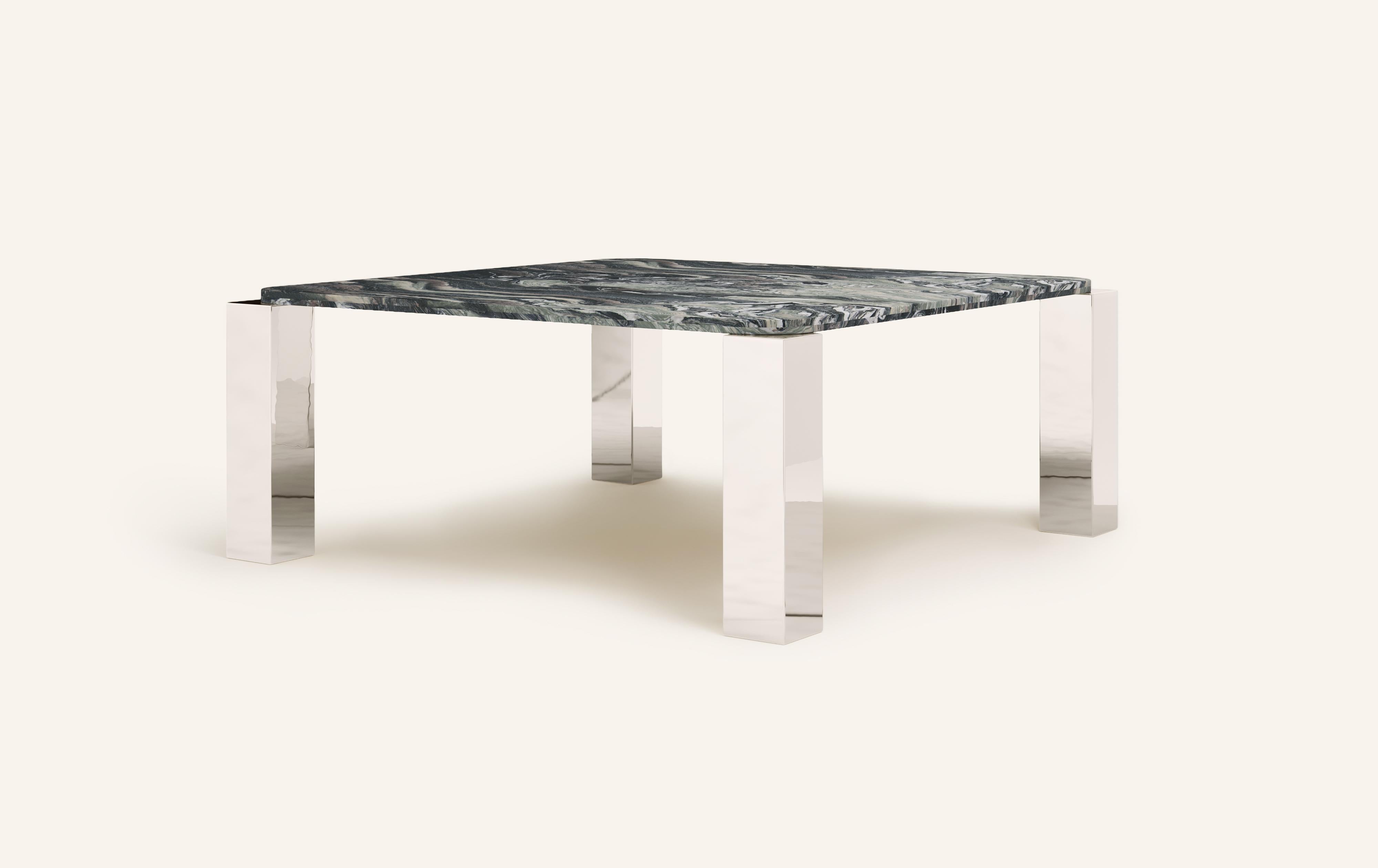 Organic Modern FORM(LA) Cubo Square Dining Table 74”L x 74”W x 30”H Ondulato Marble & Chrome  For Sale