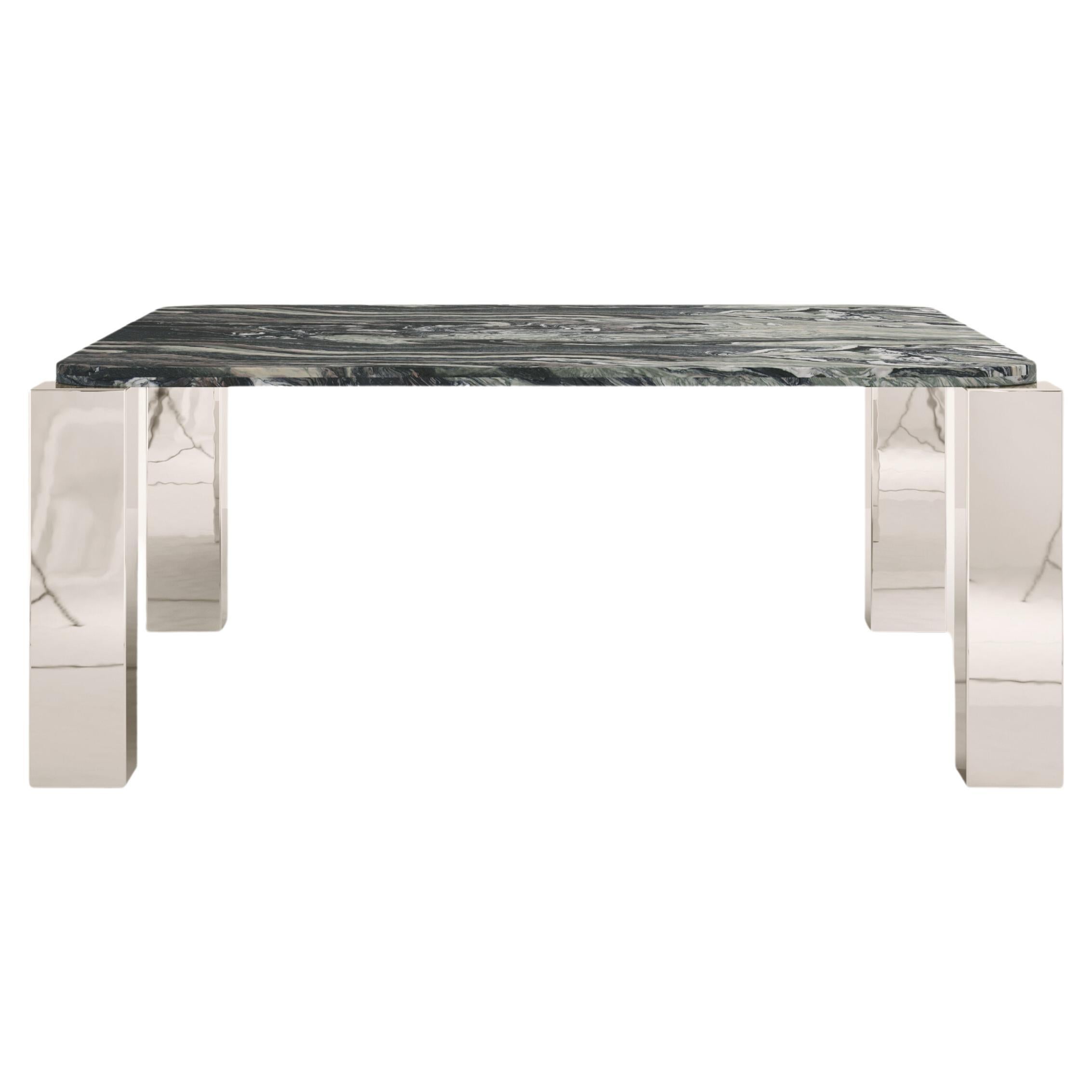 FORM(LA) Cubo Square Dining Table 74”L x 74”W x 30”H Ondulato Marble & Chrome  For Sale
