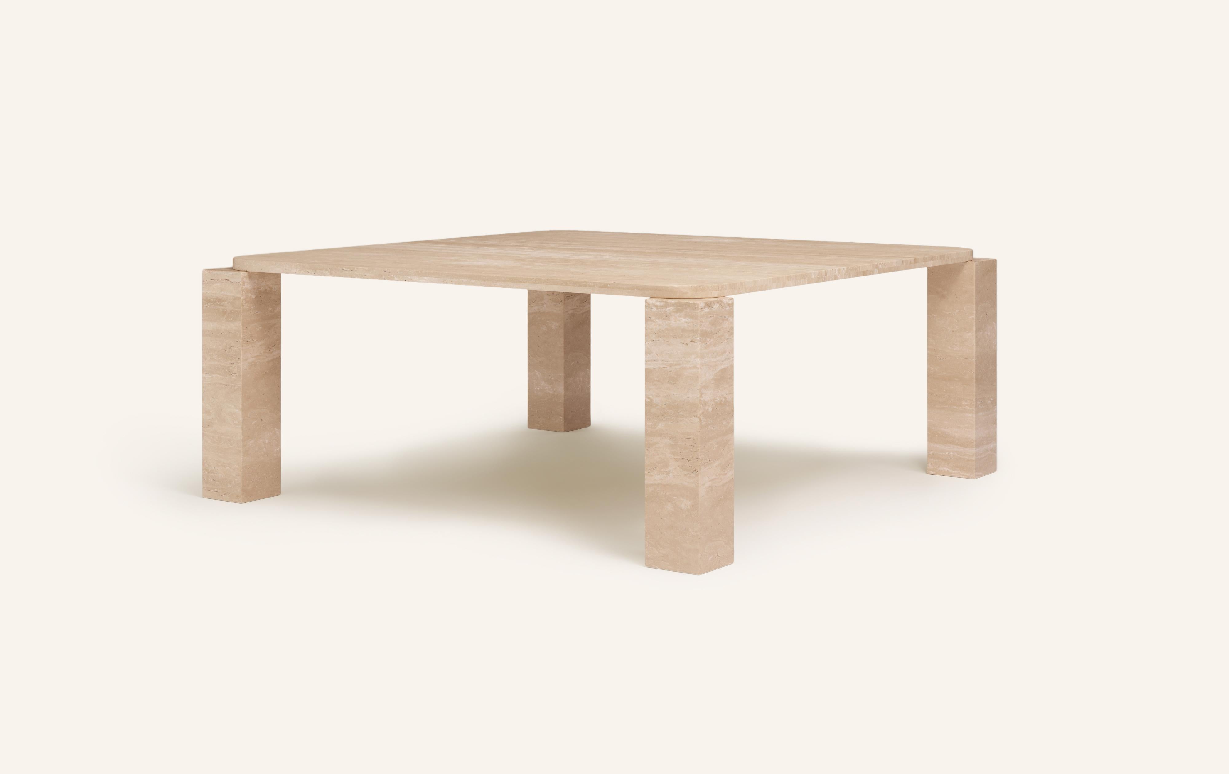 Organic Modern FORM(LA) Cubo Square Dining Table 74”L x 74”W x 30”H Travertino Crema VC For Sale