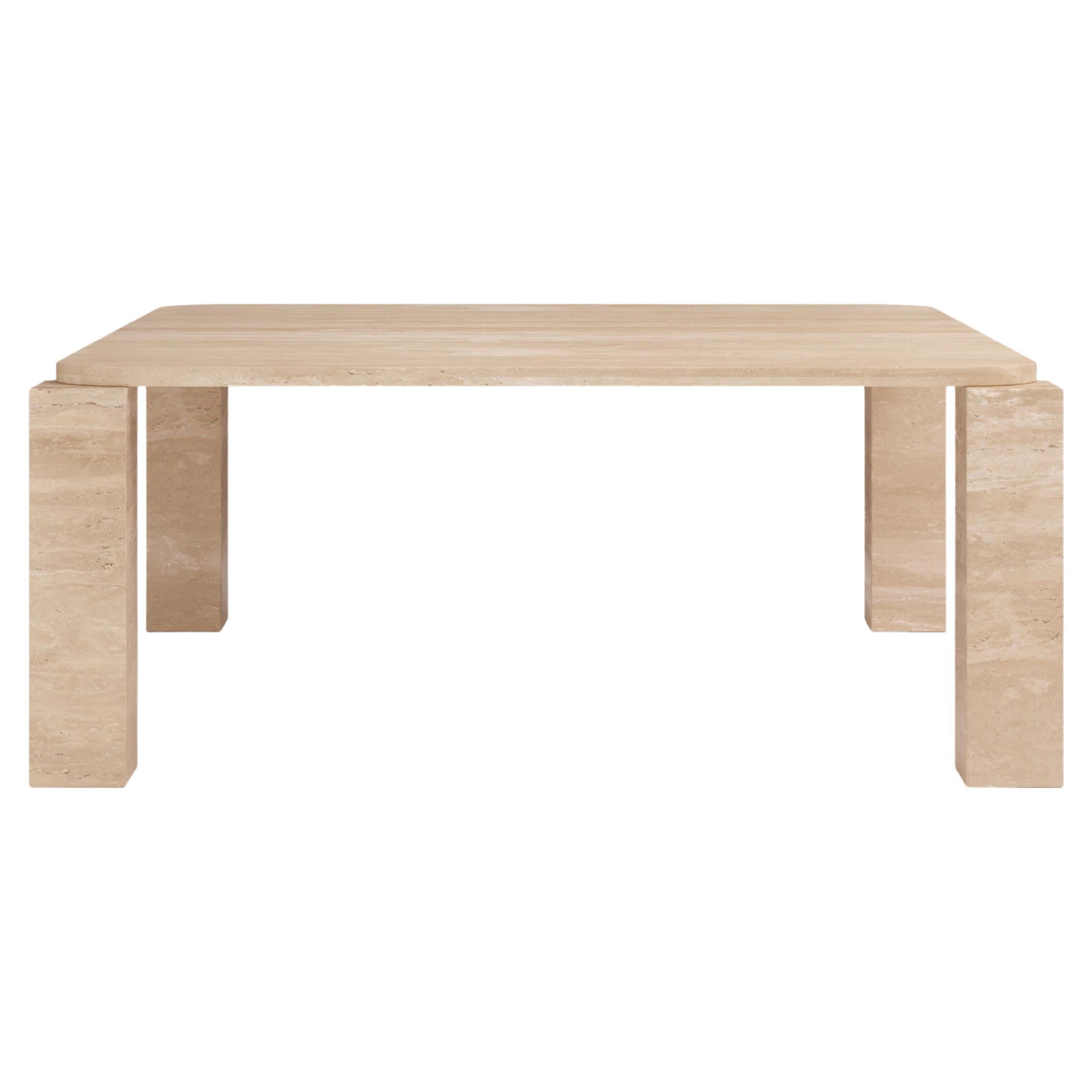 FORM(LA) Cubo Square Dining Table 74”L x 74”W x 30”H Travertino Crema VC For Sale