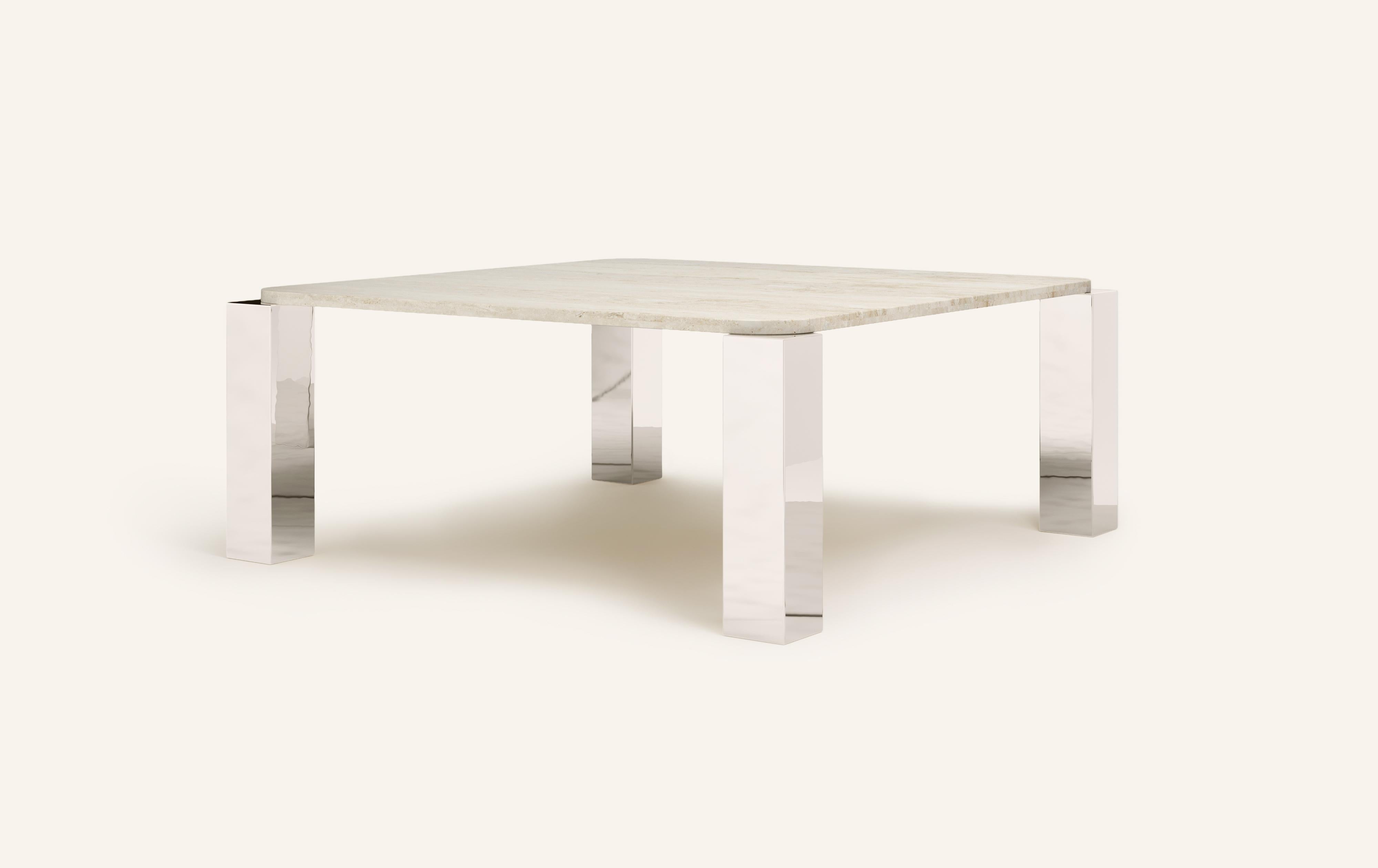 Organic Modern FORM(LA) Cubo Square Dining Table 74”L x 74”W x 30”H Travertino Navona & Chrome For Sale