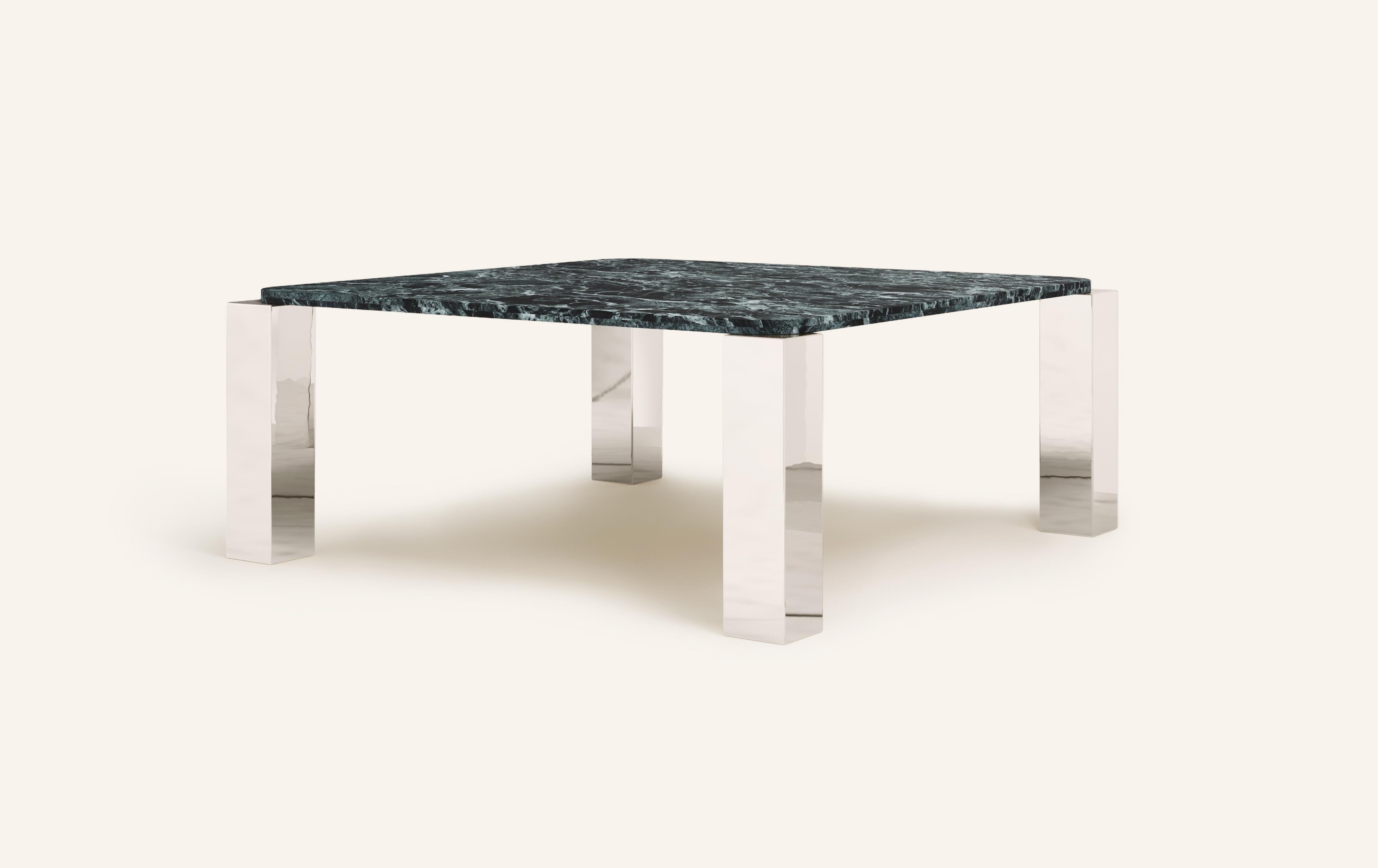 Organic Modern FORM(LA) Cubo Square Dining Table 74”L x 74”W x 30”H Verde Alpi Marble & Chrome For Sale