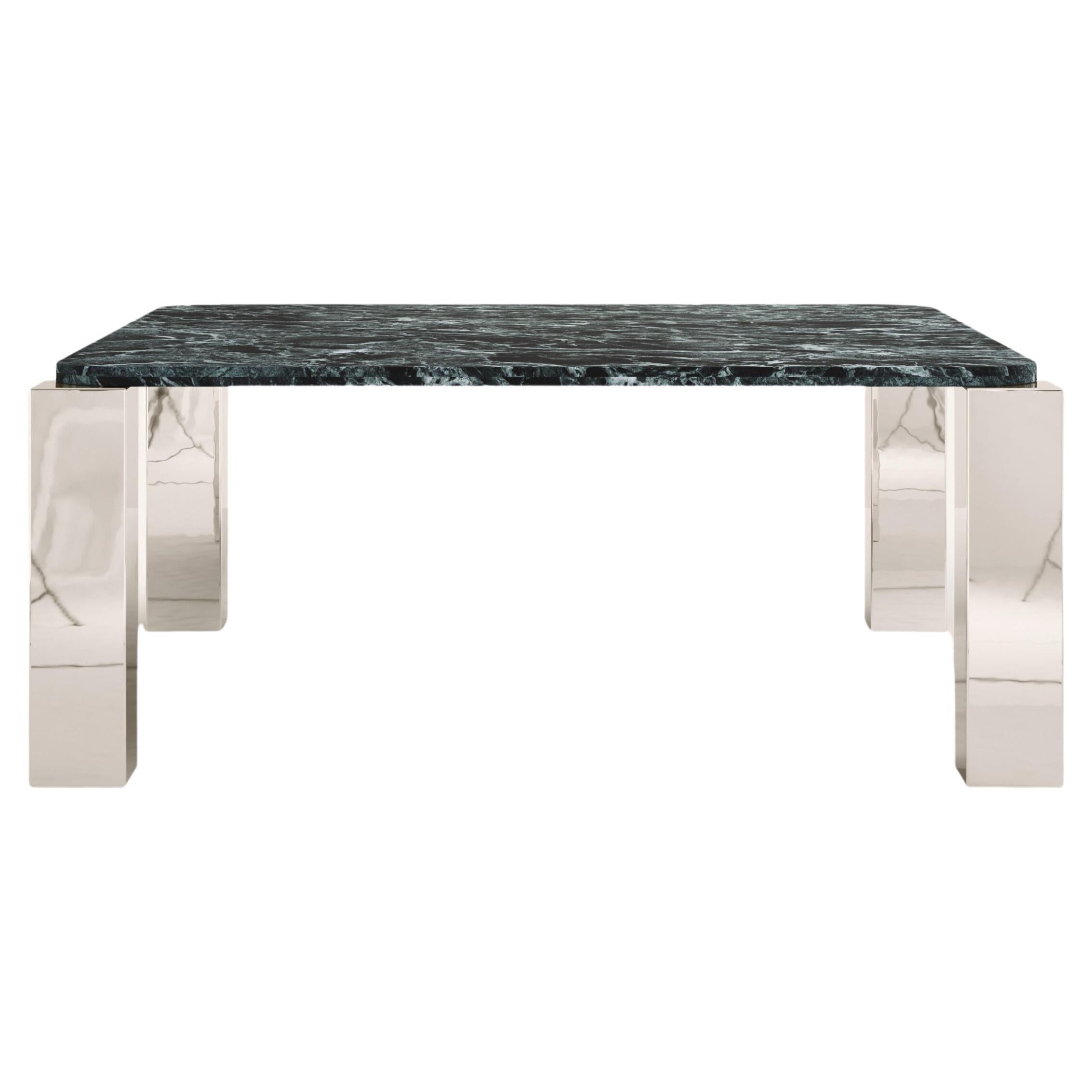 FORM(LA) Cubo Square Dining Table 74”L x 74”W x 30”H Verde Alpi Marble & Chrome