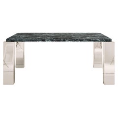 FORM(LA) Cubo Square Dining Table 74”L x 74”W x 30”H Verde Alpi Marble & Chrome