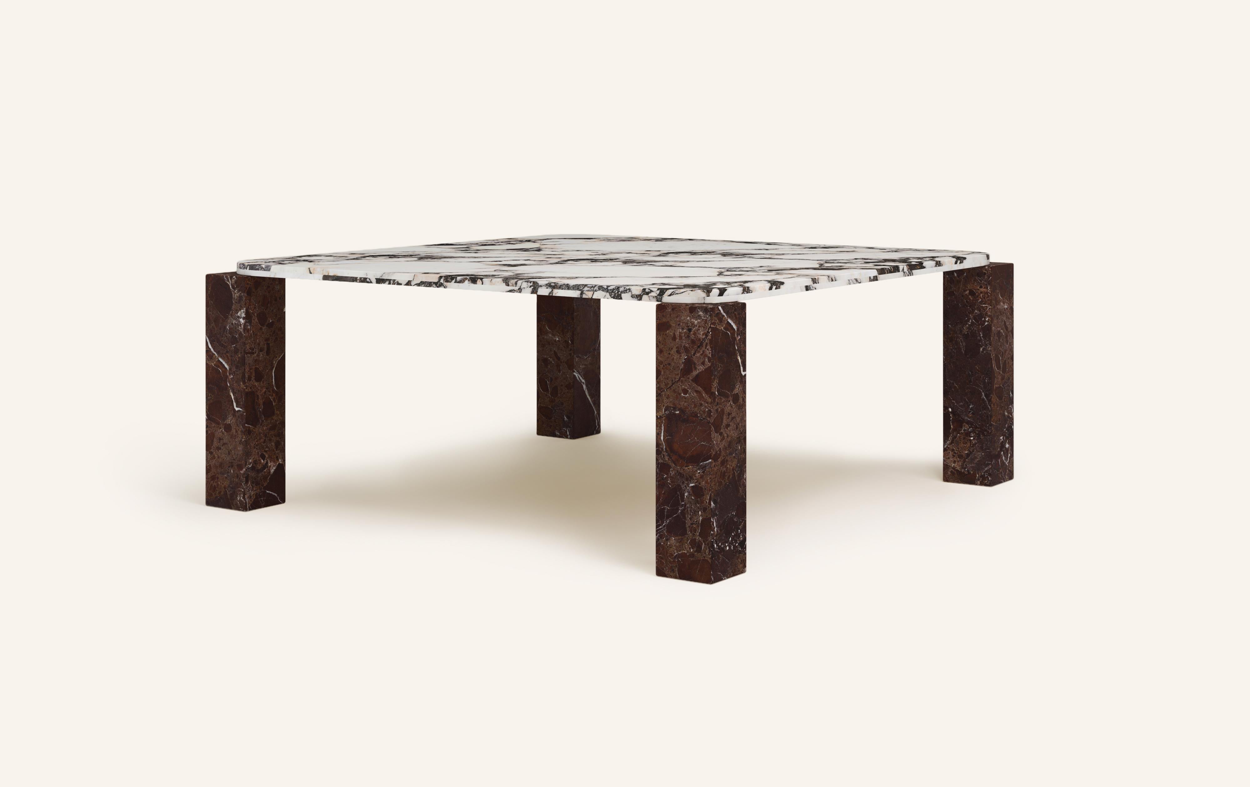 Organic Modern FORM(LA) Cubo Square Dining Table 74”L x 74”W x 30”H Viola & Rosso Marble For Sale