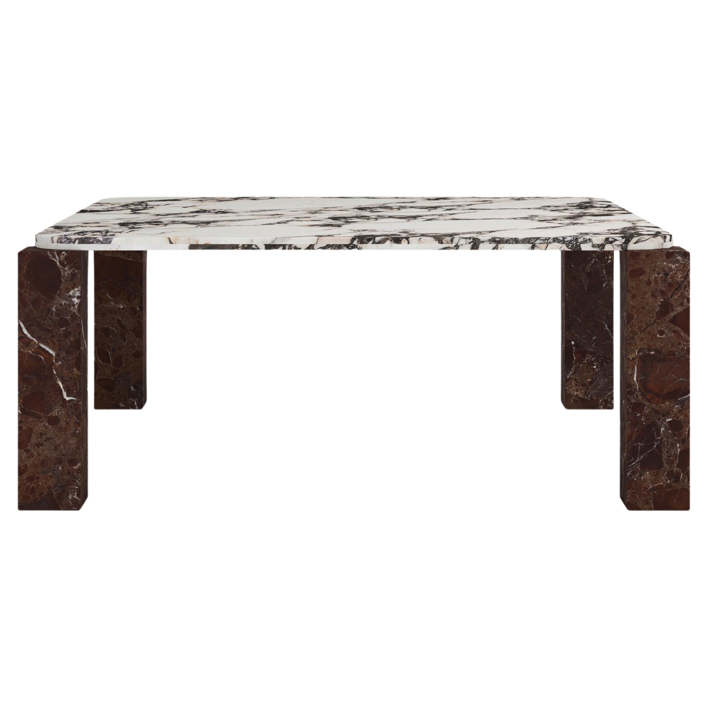 FORM(LA) Cubo Square Dining Table 74”L x 74”W x 30”H Viola & Rosso Marble For Sale