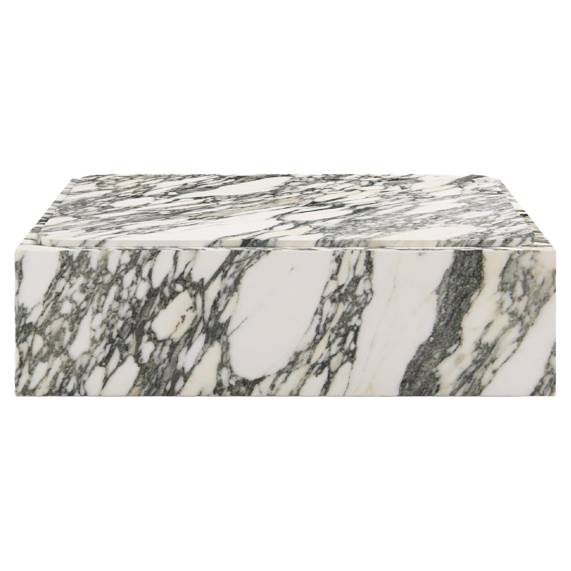 FORM(LA) Cubo Square Plinth Coffee Table 42”L x 42"W x 13”H Arabescato Marble For Sale