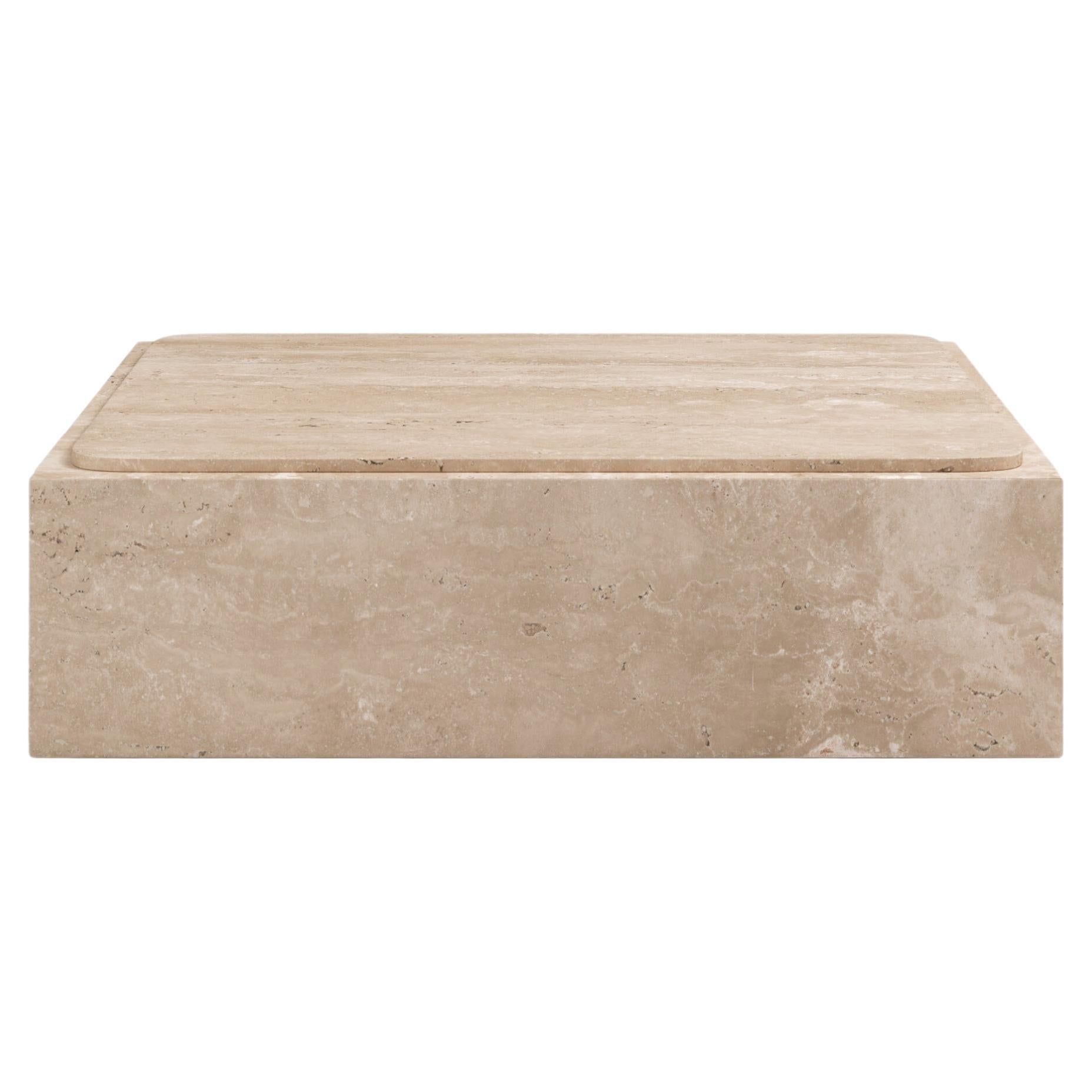 FORM(LA) Cubo Square Plinth Coffee Table 42”L x 42"W x 13”H Travertino Crema VC For Sale