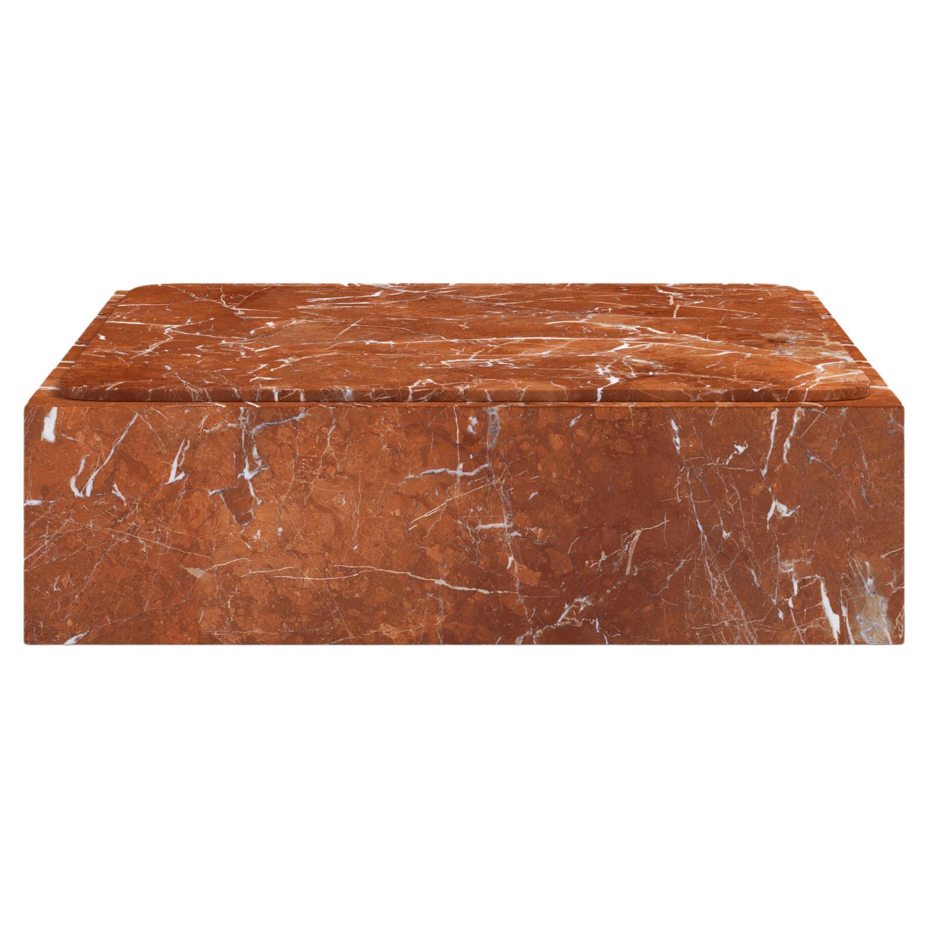 FORM(LA) Cubo Square Plinth Coffee Table 48”L x 48”W x 13”H Rojo Alicante Marble For Sale