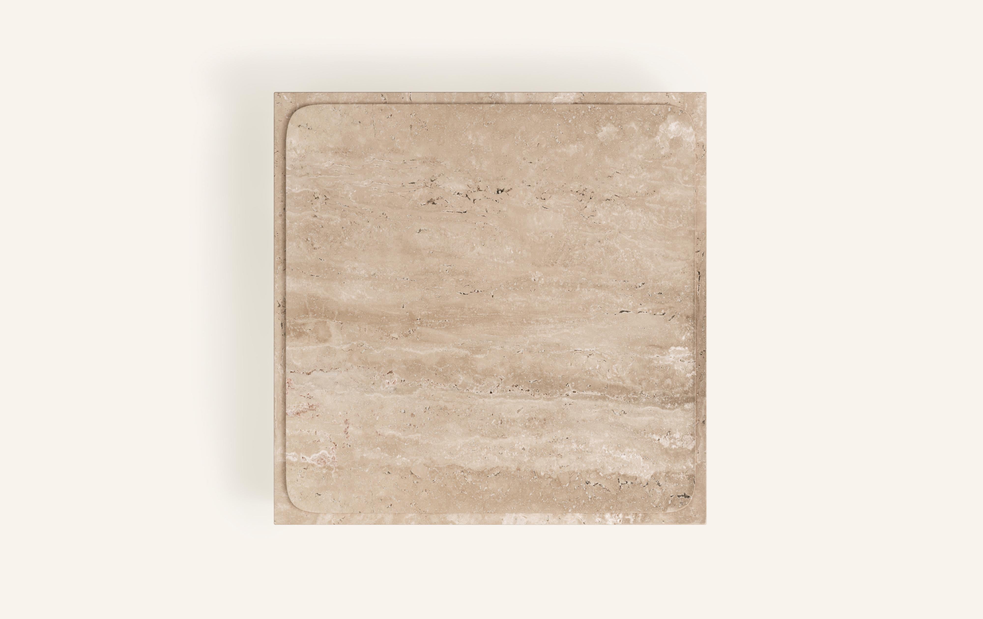 American FORM(LA) Cubo Square Plinth Coffee Table 54”L x 54”W x 13”H Travertino Crema VC For Sale