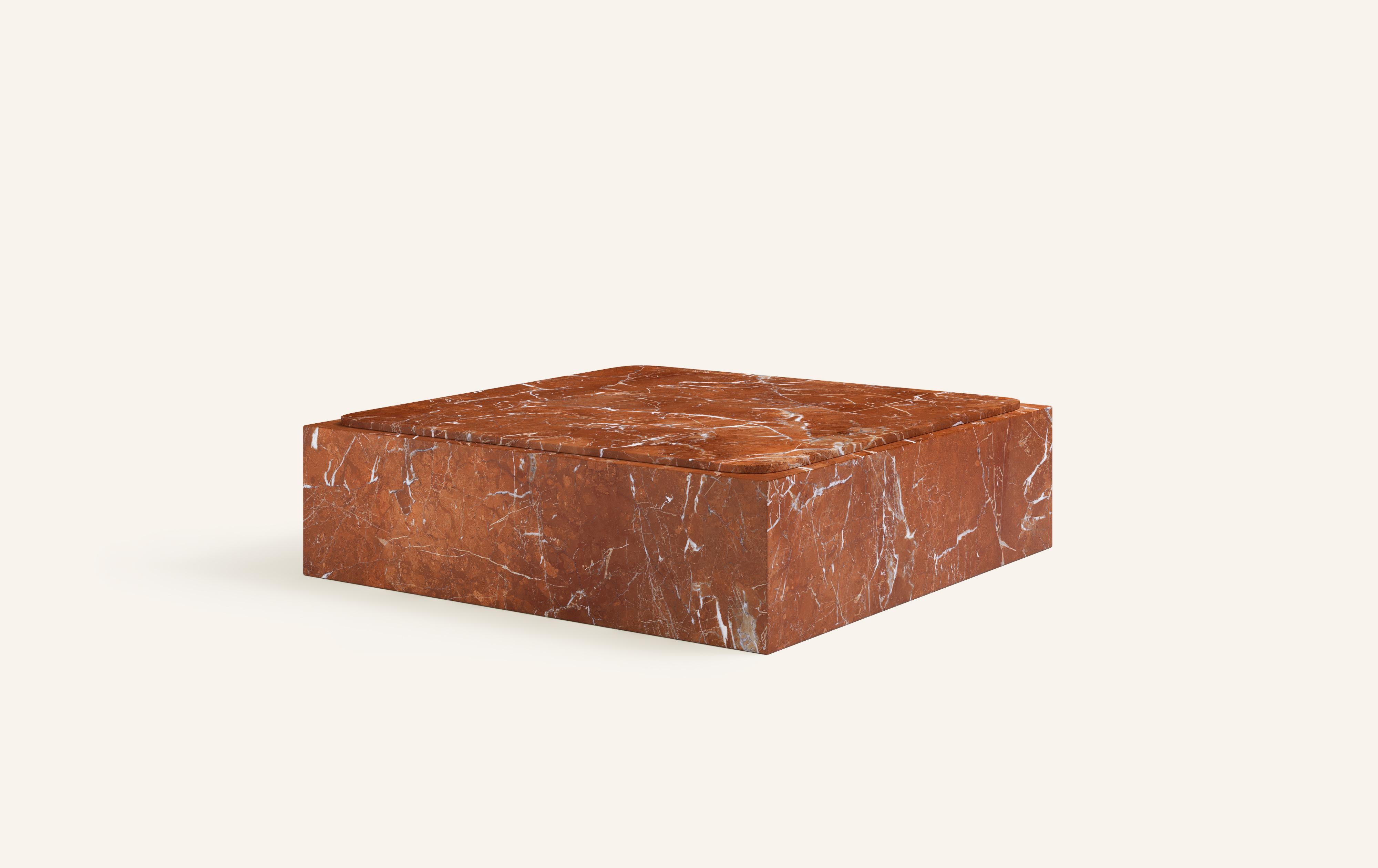 Organic Modern FORM(LA) Cubo Square Plinth Coffee Table 60”L x 60”W x 13”H Rojo Alicante Marble For Sale