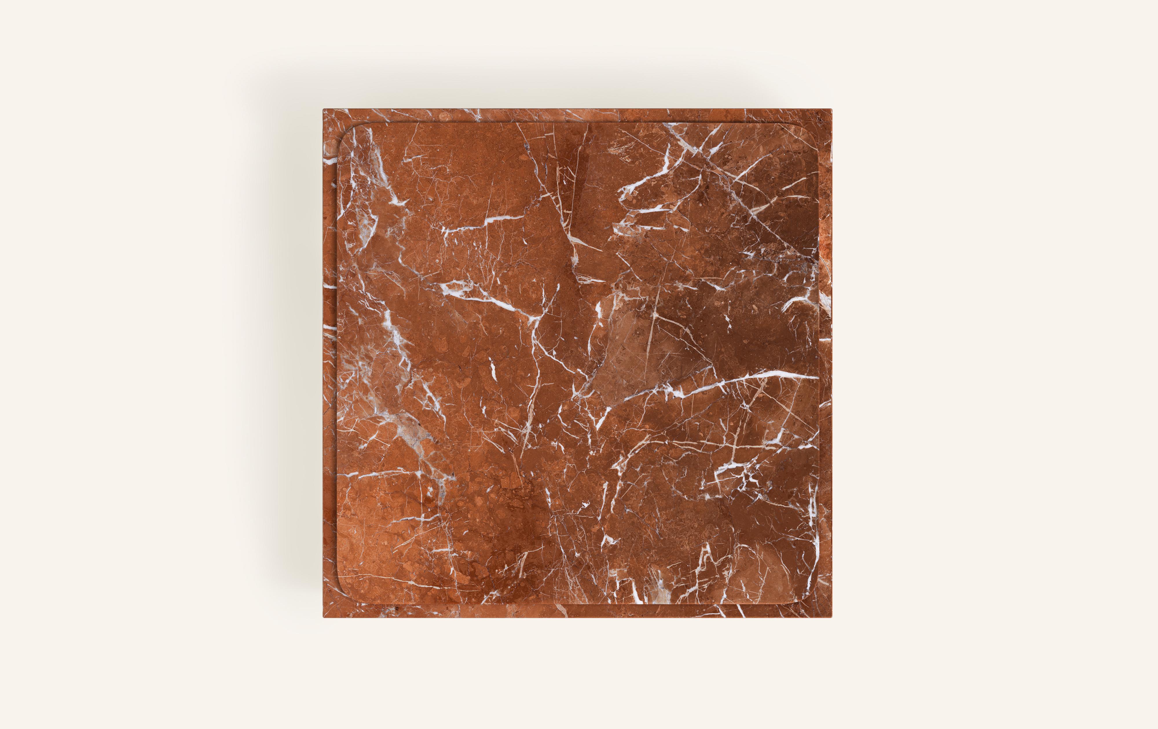 American FORM(LA) Cubo Square Plinth Coffee Table 60”L x 60”W x 13”H Rojo Alicante Marble For Sale
