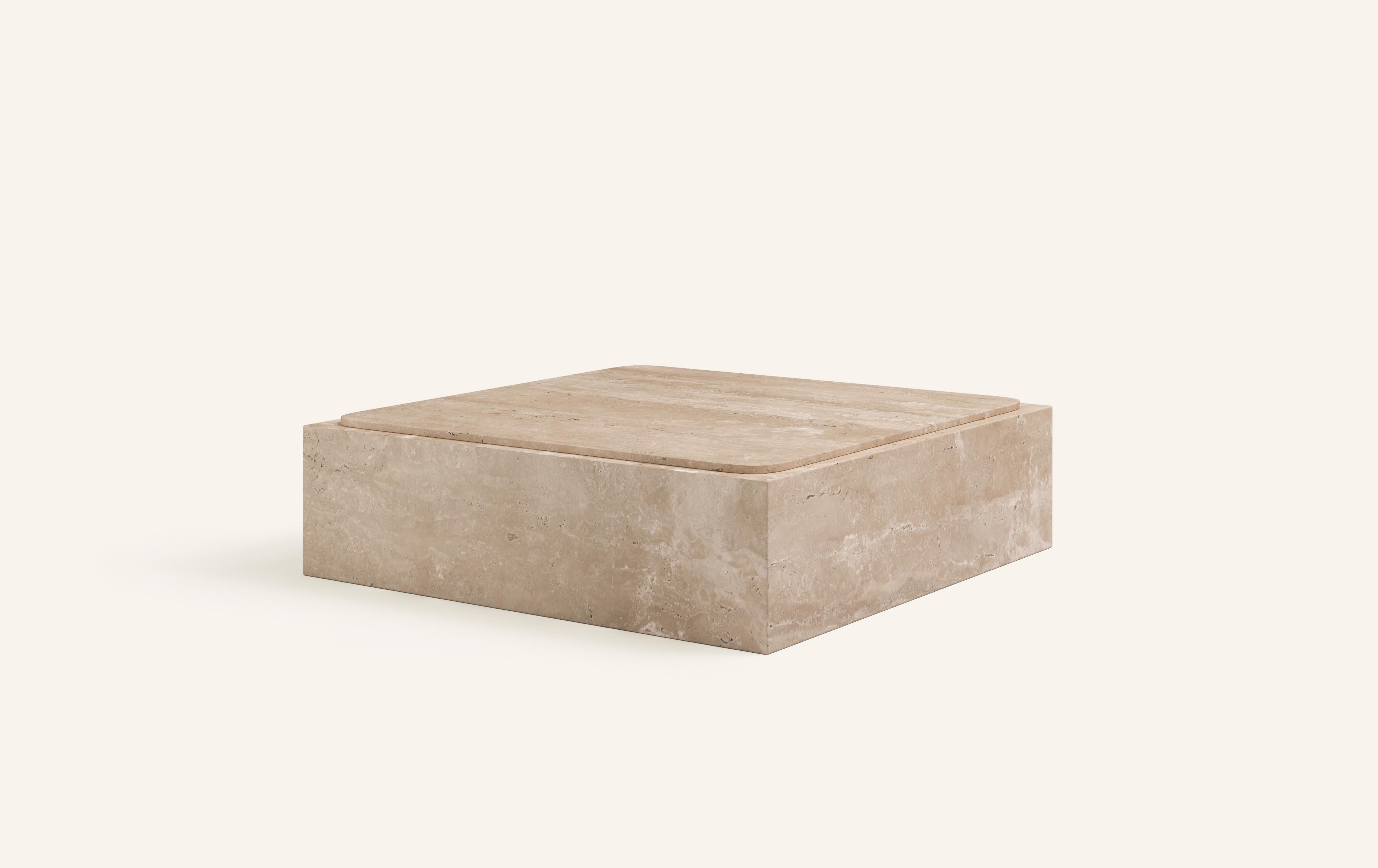 Organic Modern FORM(LA) Cubo Square Plinth Coffee Table 60”L x 60”W x 13”H Travertino Crema VC For Sale
